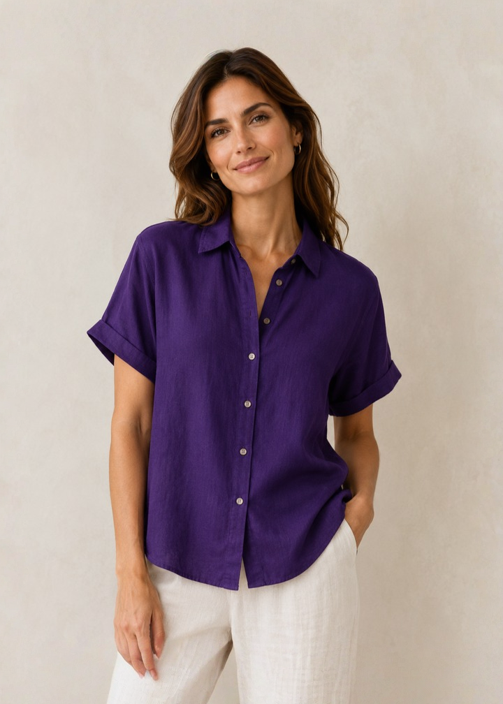 Get Purple Short Sleeve Button Down Shirt for Women 0 Get Purple Short Sleeve Button Down Shirt for Women 0
