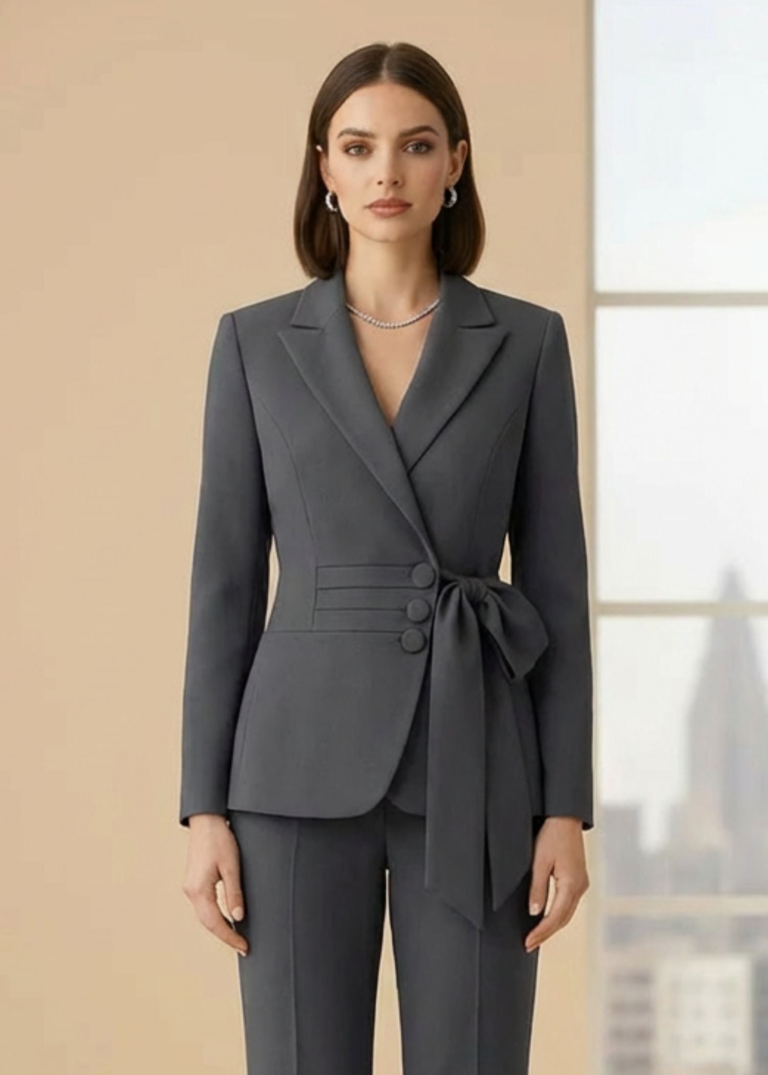 Grey Belted Blazer Suit for Women