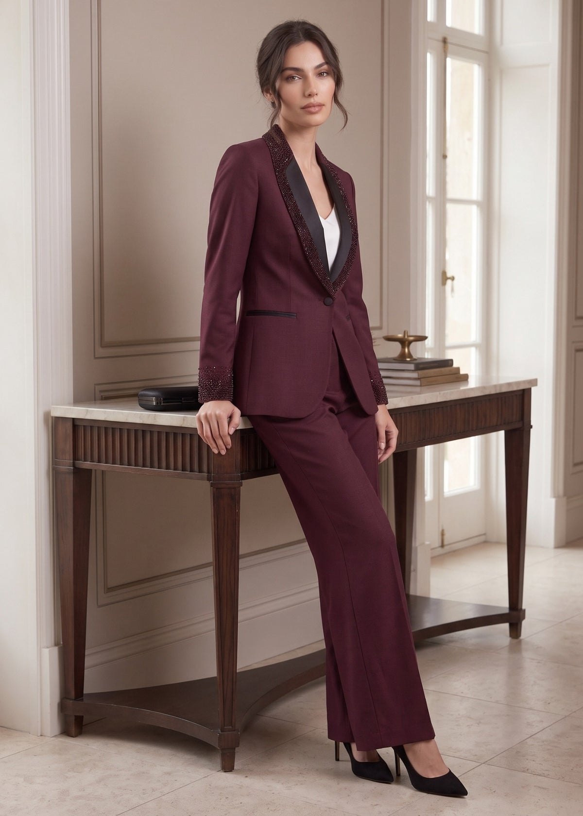 Bellagio Beaded Shawl Lapel Tuxedo in Burgundy