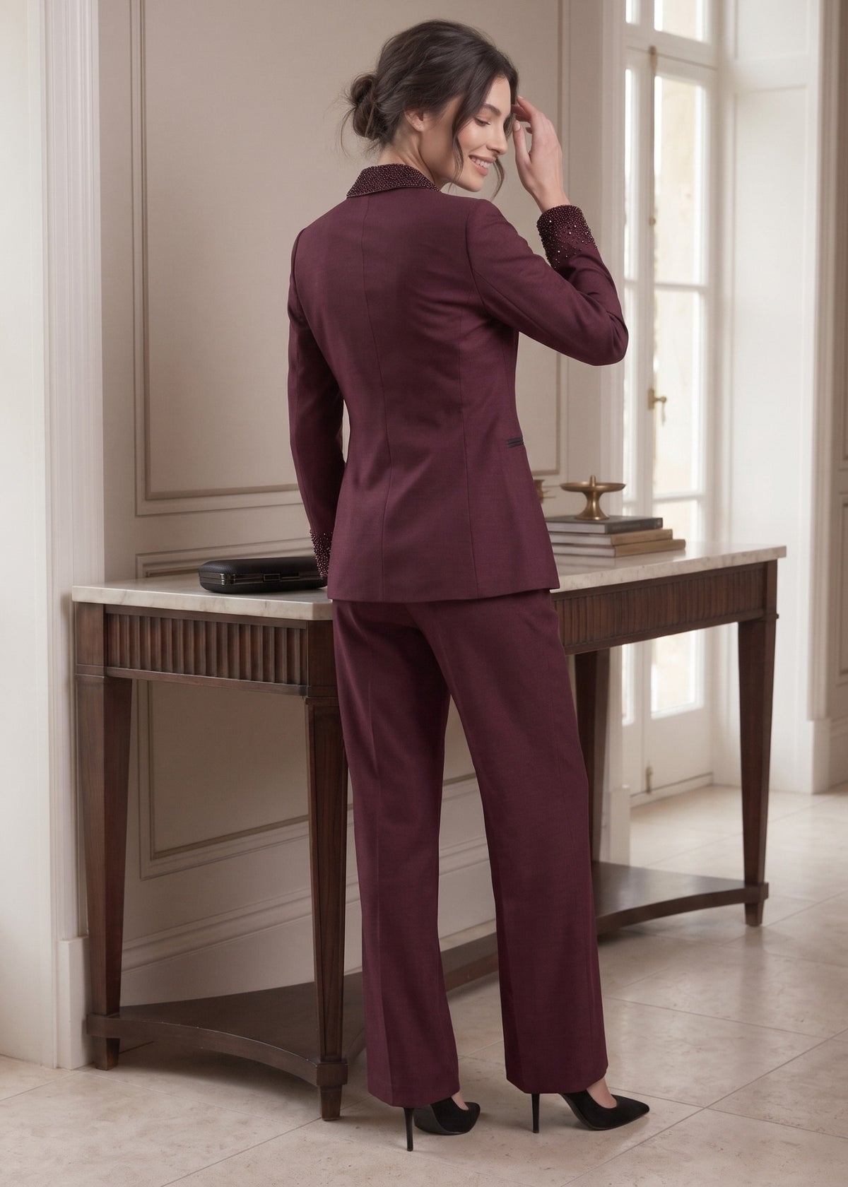 Bellagio Beaded Shawl Lapel Tuxedo in Burgundy