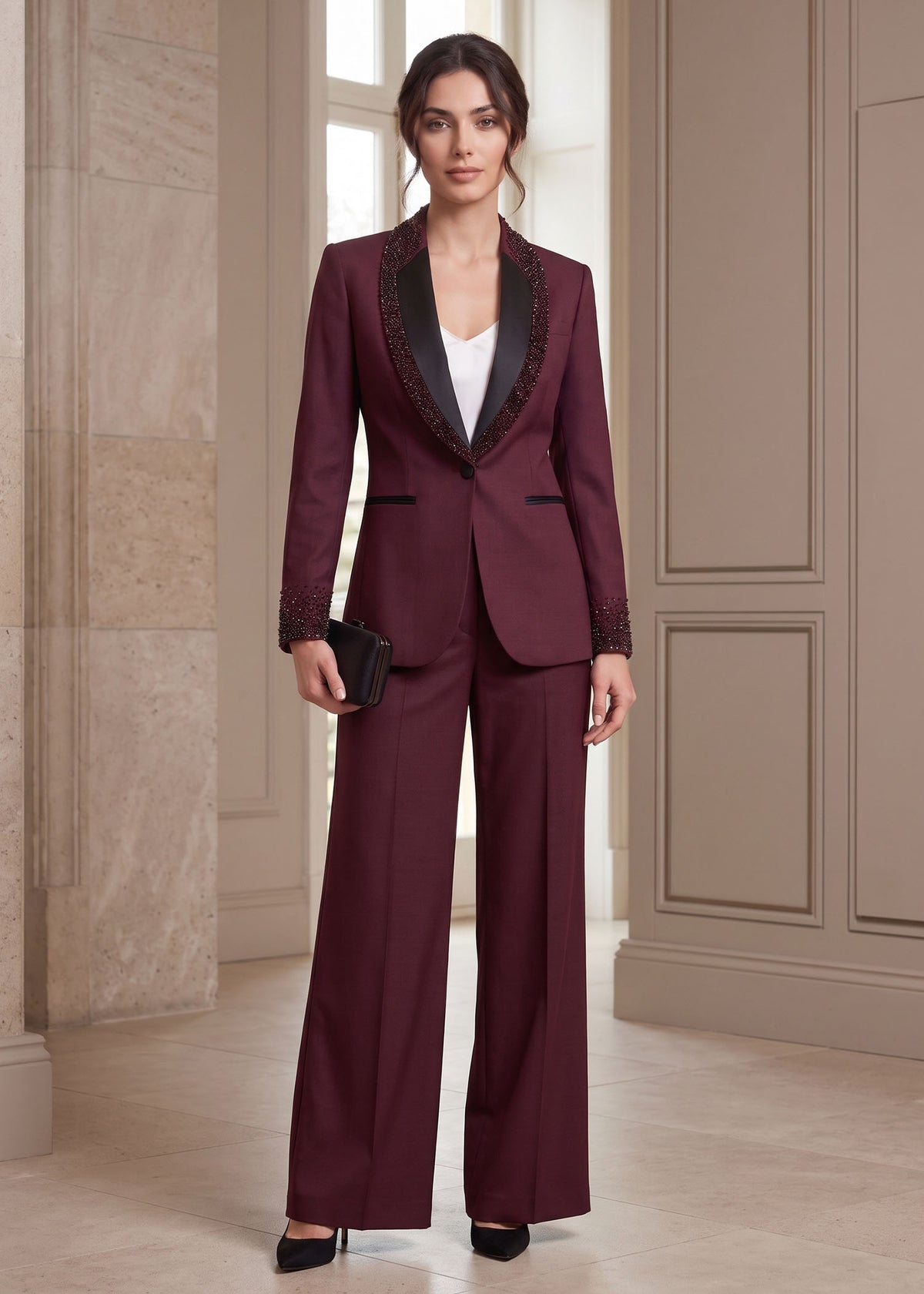 Bellagio Beaded Shawl Lapel Tuxedo in Burgundy