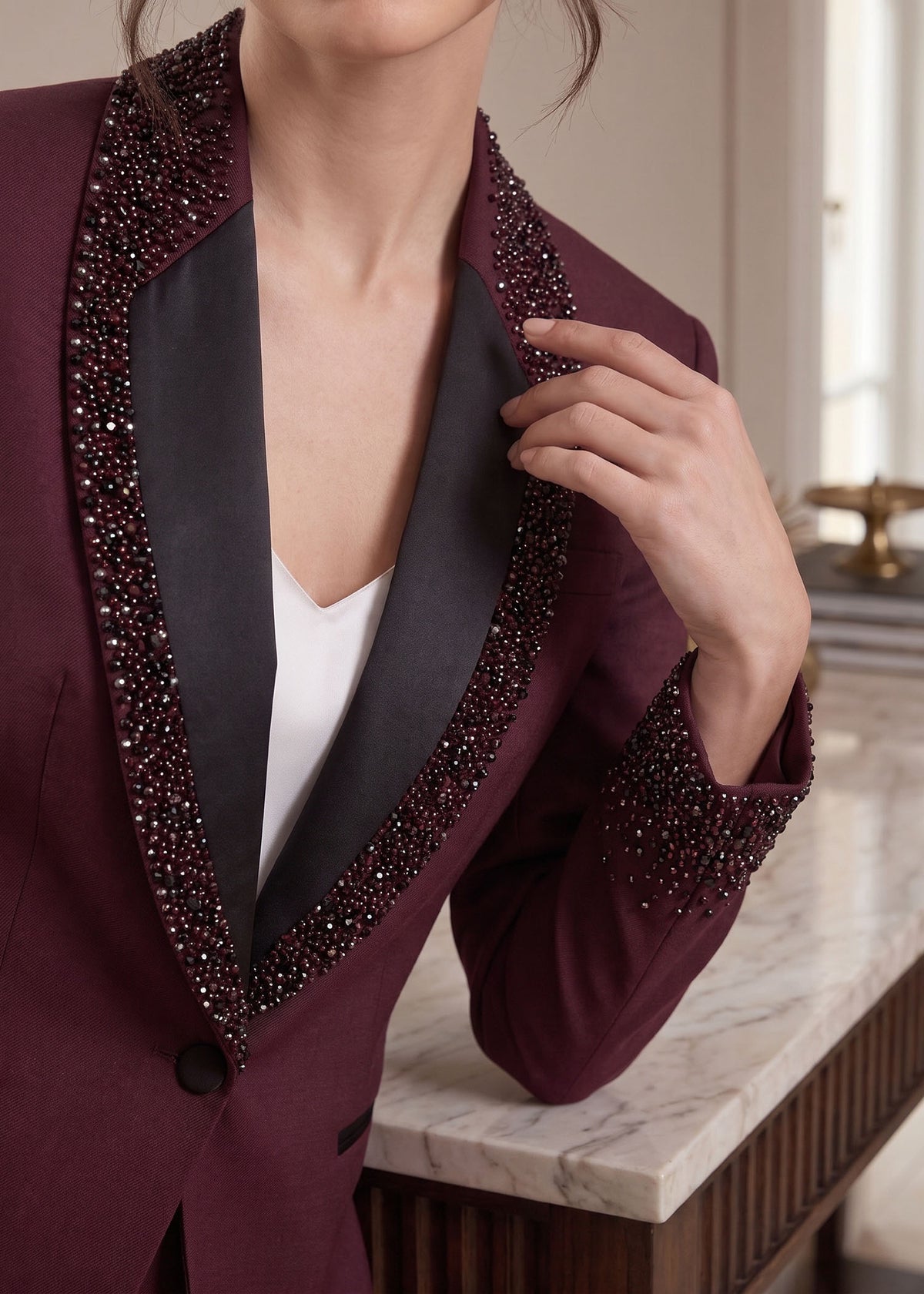 Bellagio Beaded Shawl Lapel Tuxedo in Burgundy