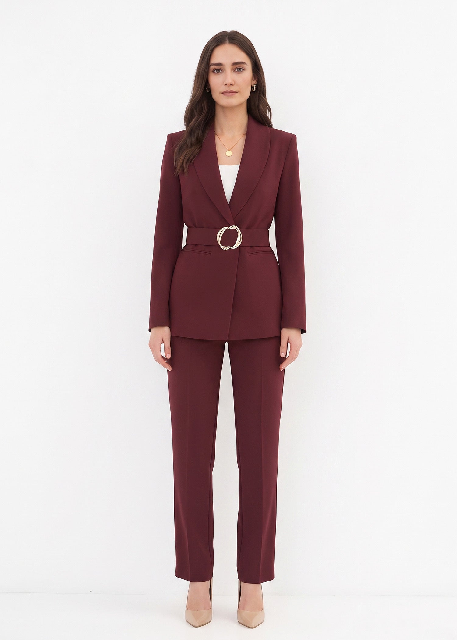Belted Waist Corporate Suit in Deep Maroon