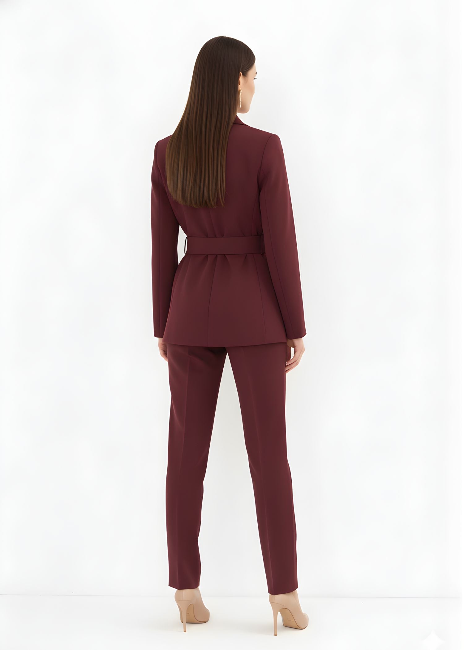  Brittany Belted Waist Suit in Deep Maroon