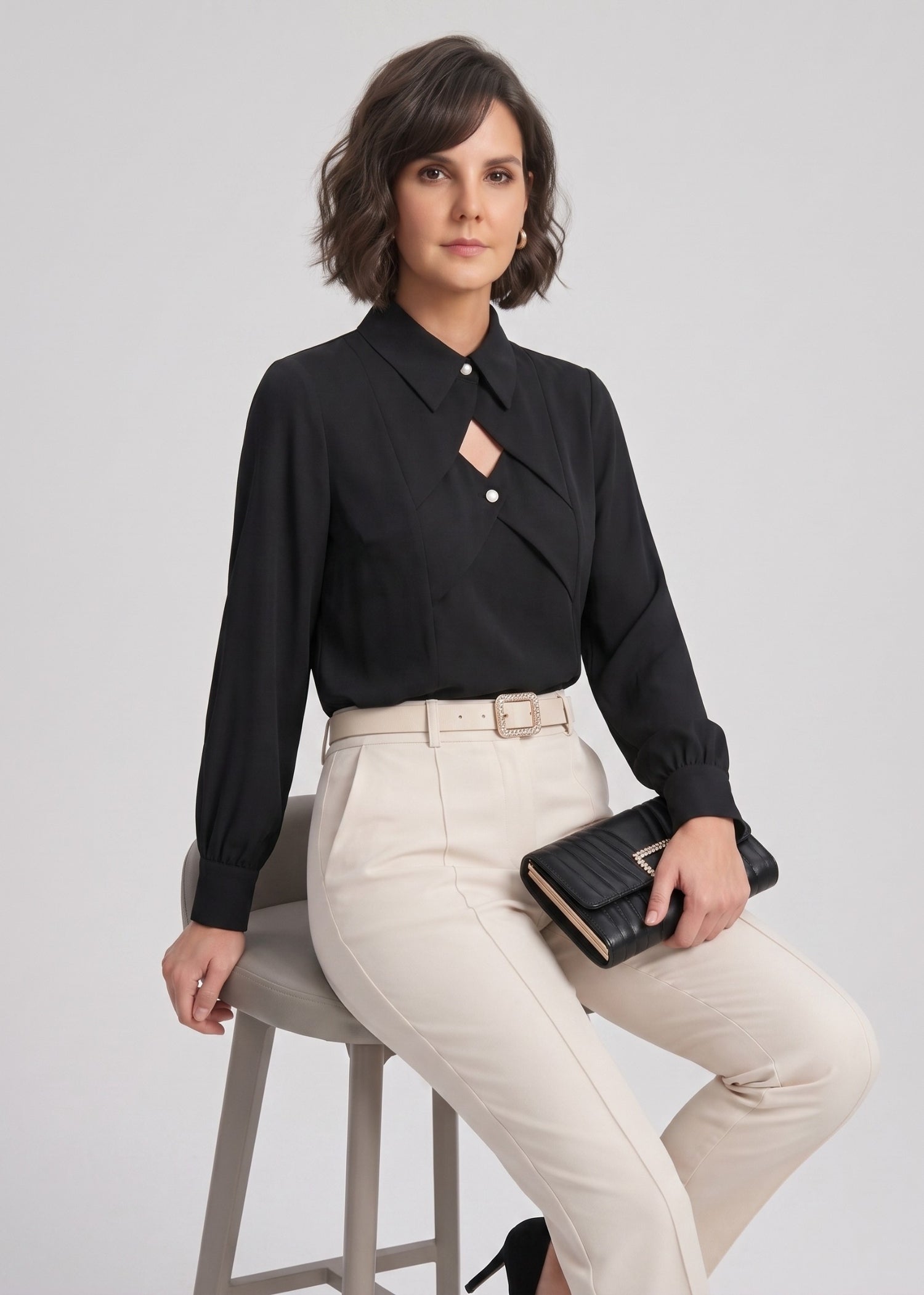 Black Cut Out Neckline Top for Ladies