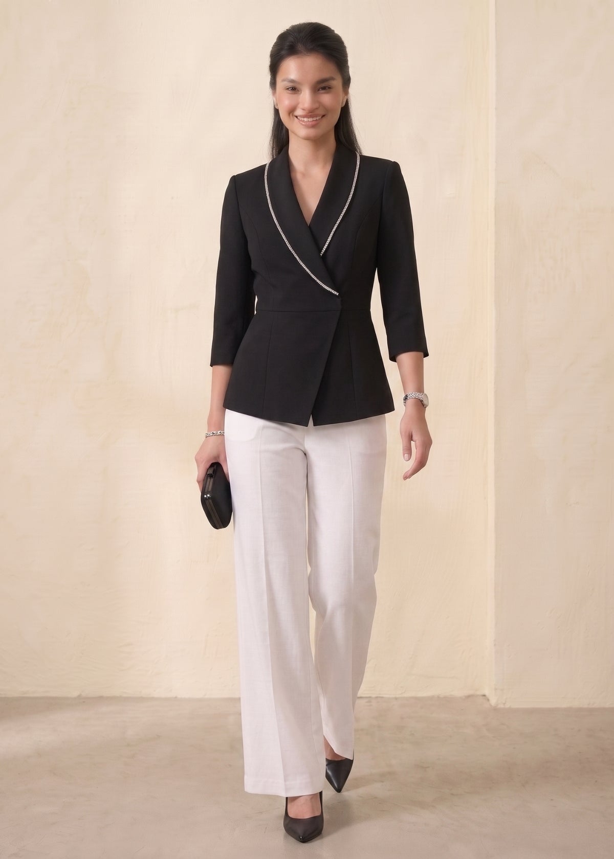 Black Pearl Embellished Blazer for Female
