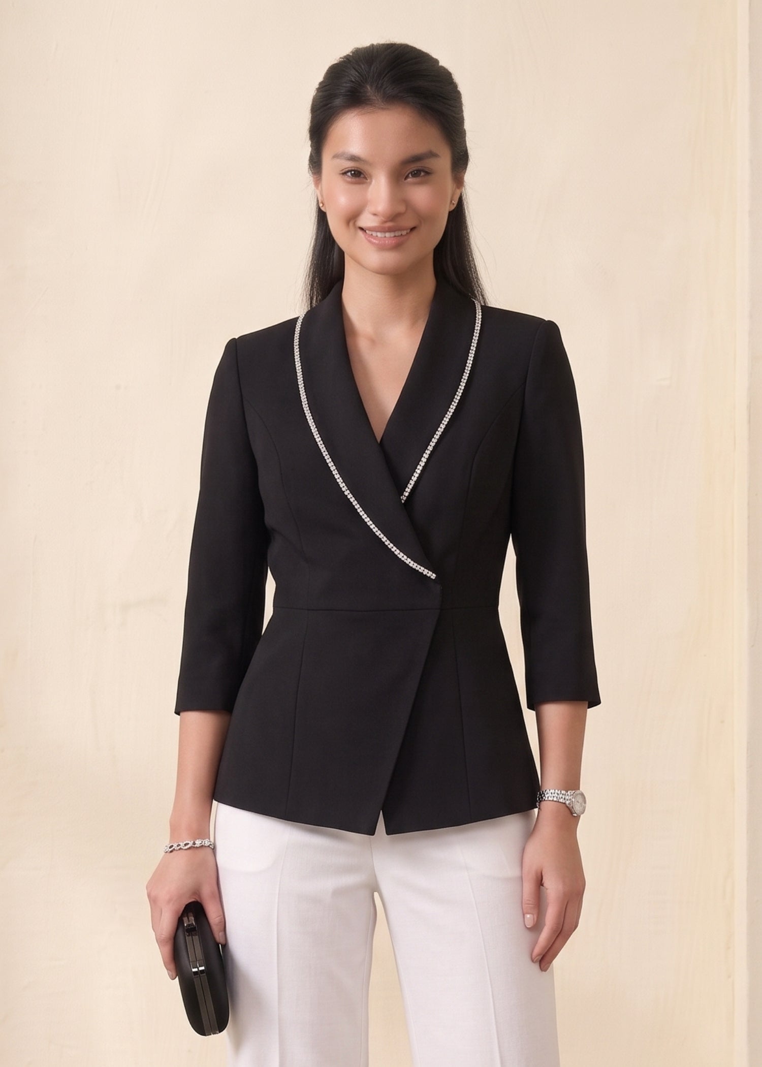 Black Pearl Embellished Blazer for Female
