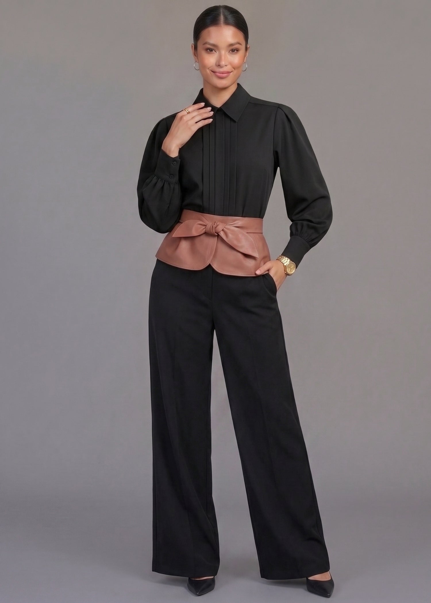 Black Pleated Front Blouse for Women