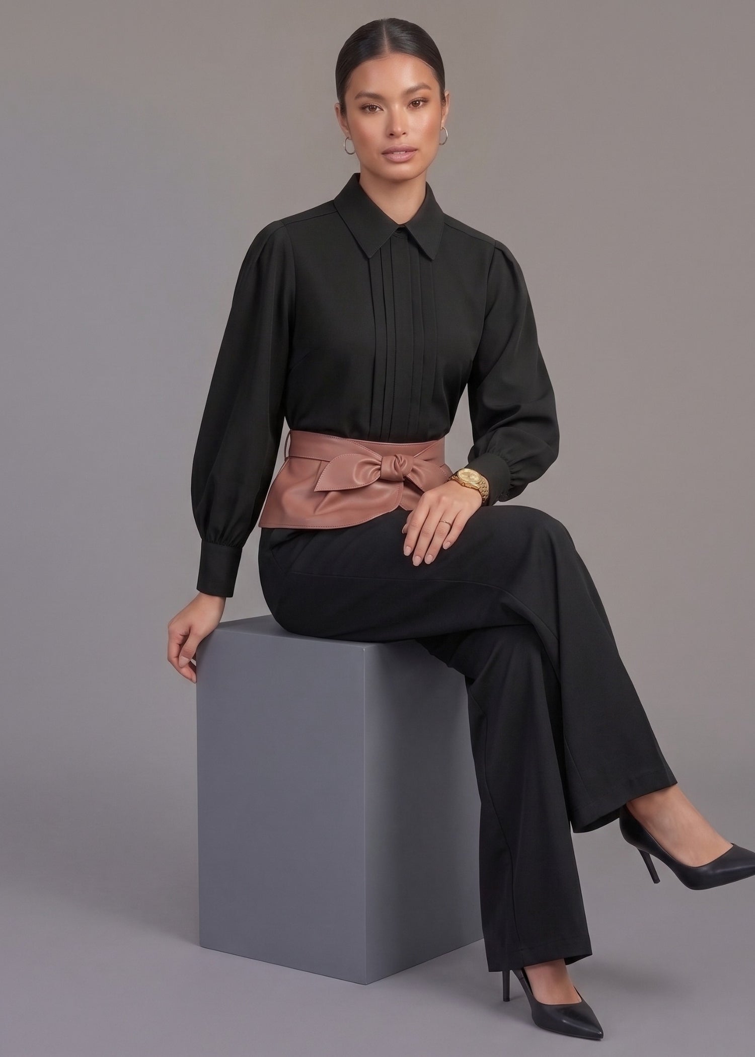 Black Pleated Front Blouse for Women