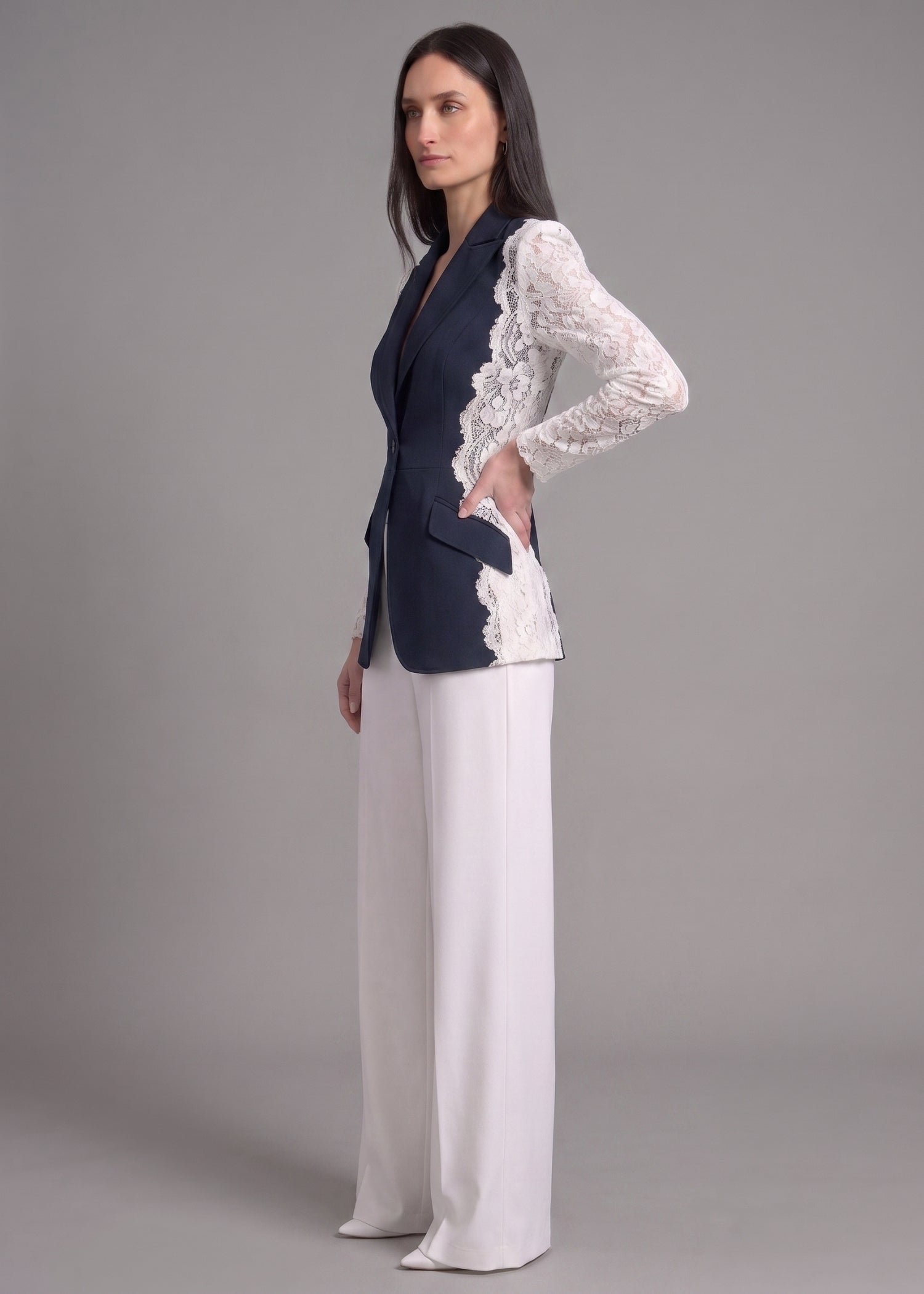 Blue Blazer with Lace Sleeves for Ladies
