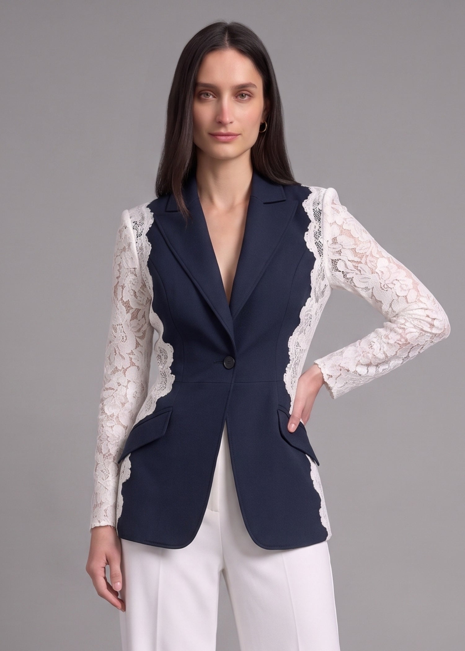 Blue Blazer with Lace Sleeves for Ladies