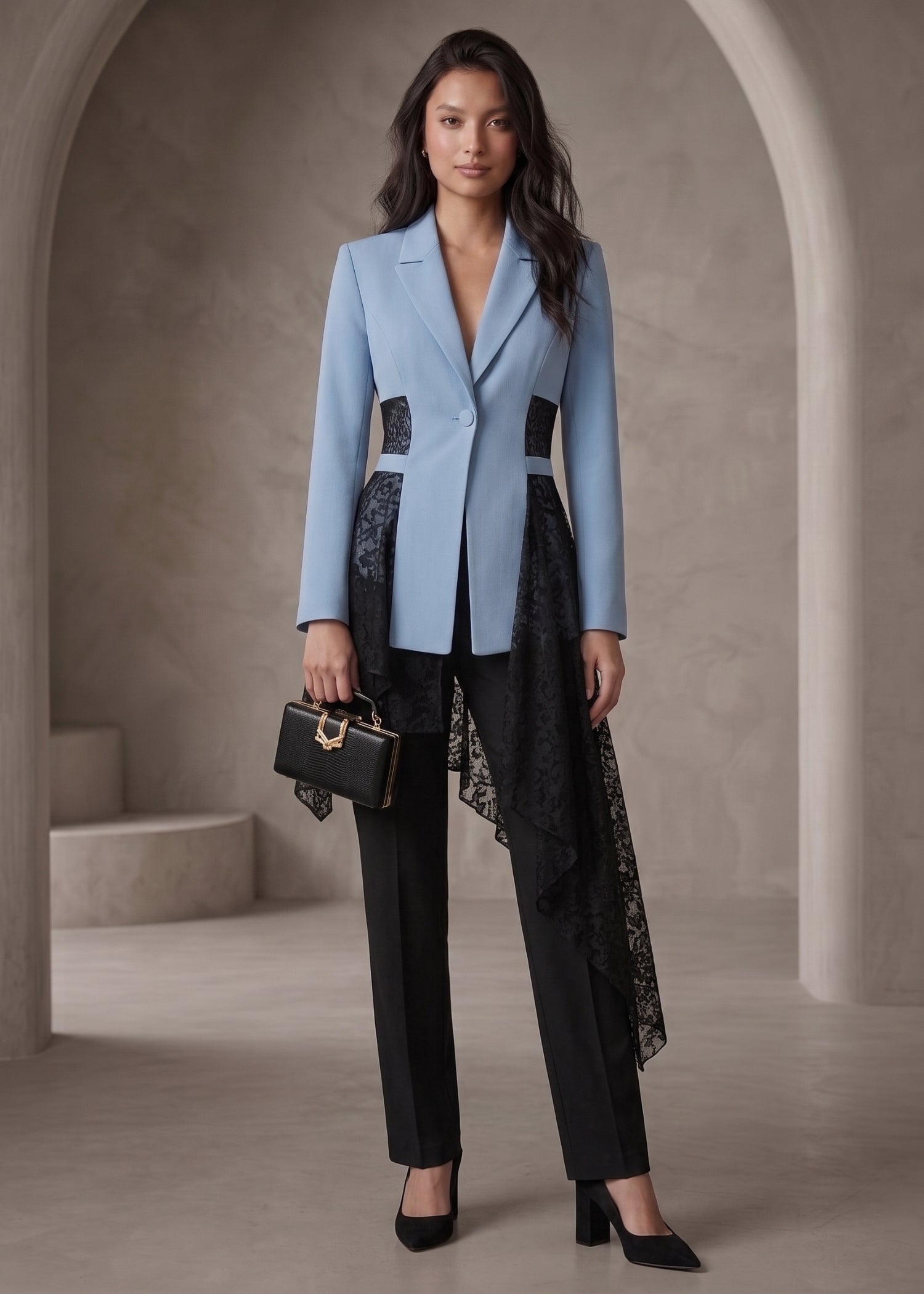 Blue & Black Blazer with Lace for Women