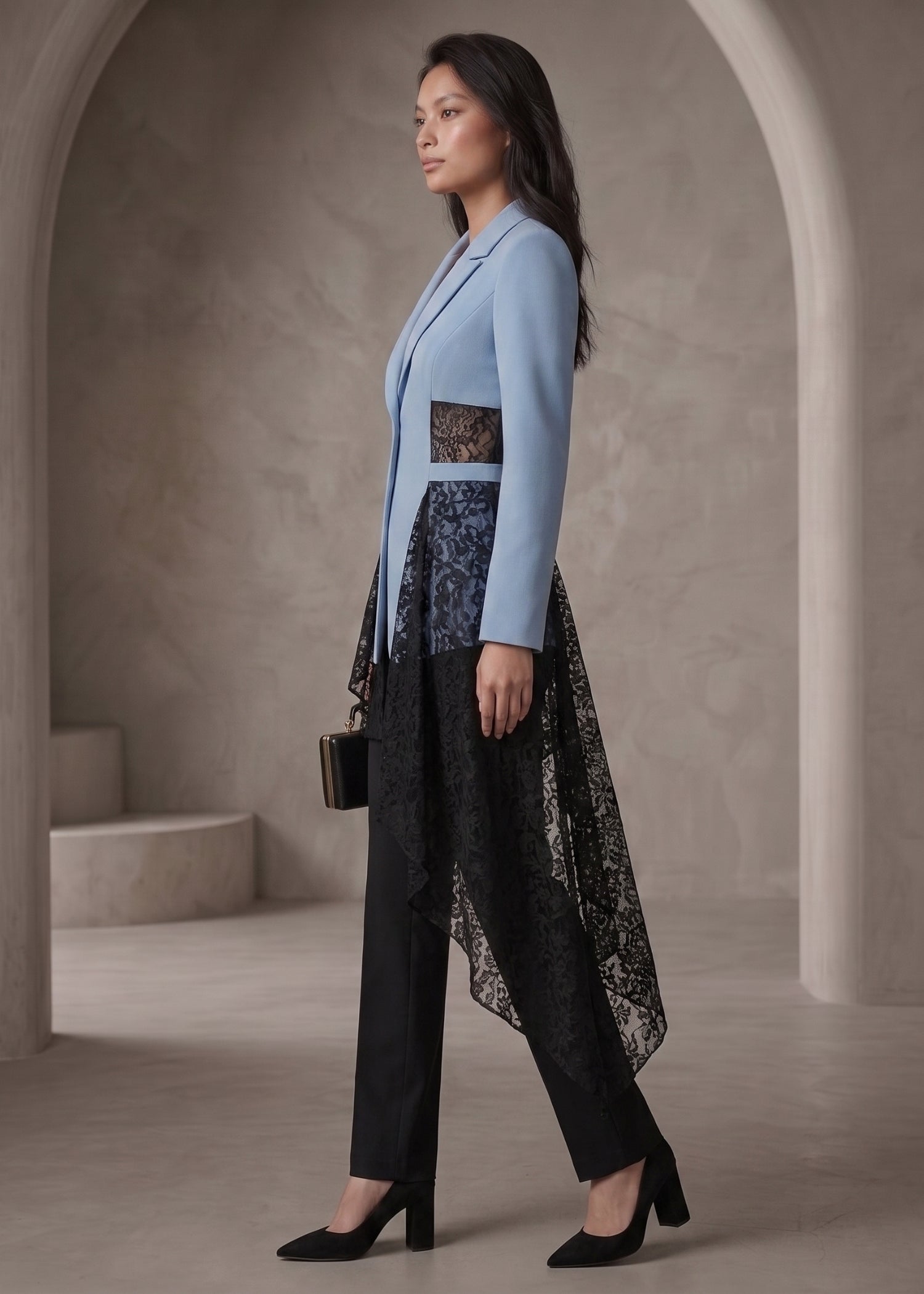 Blue & Black Blazer with Lace for Women