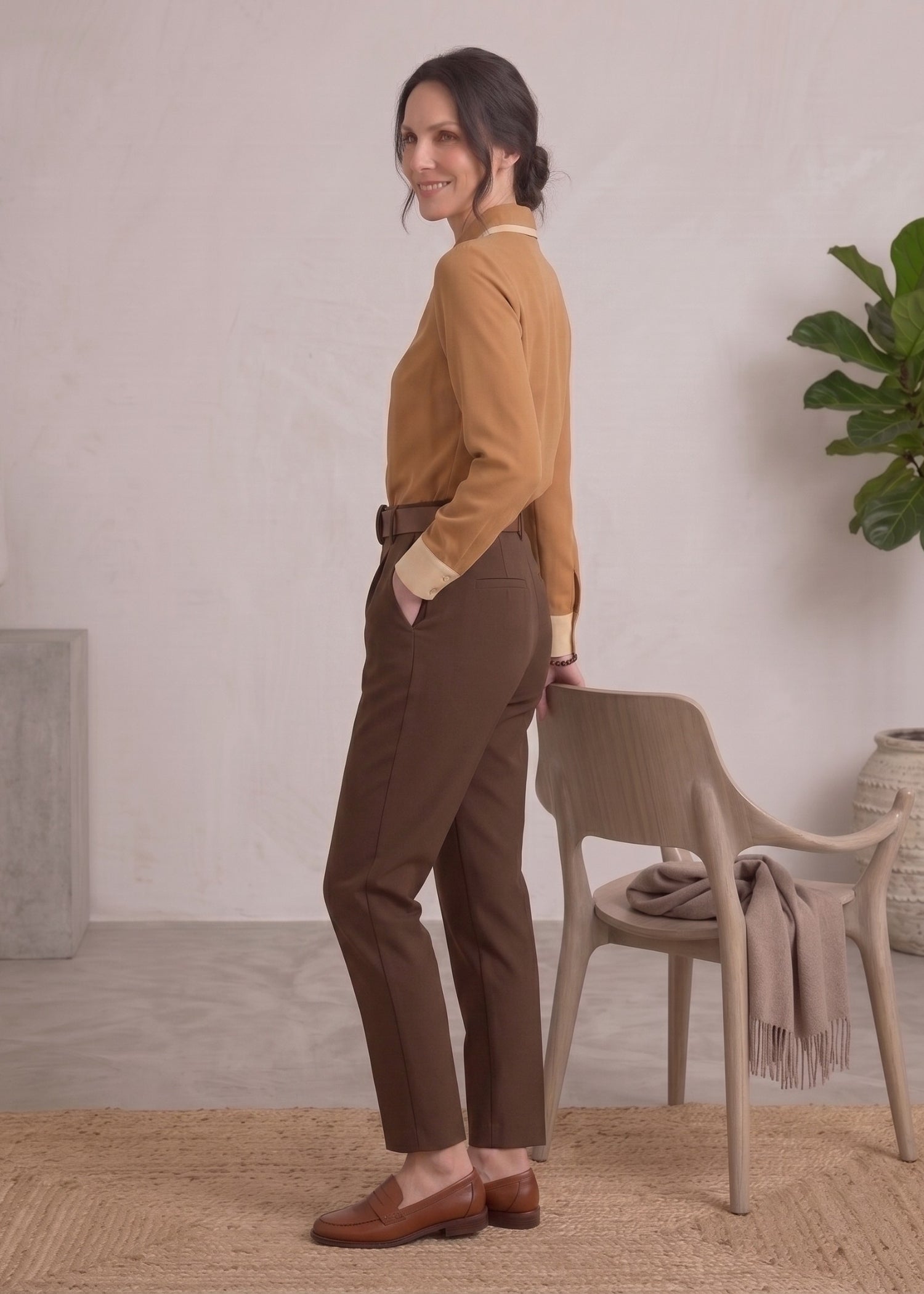 Camel Long Sleeve Collared Shirt for Women