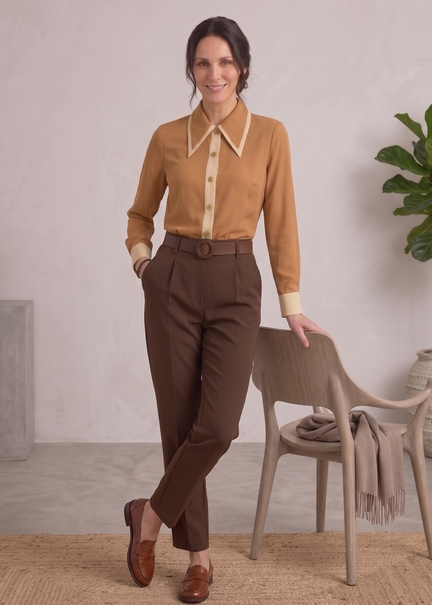Camel Long Sleeve Collared Shirt for Women