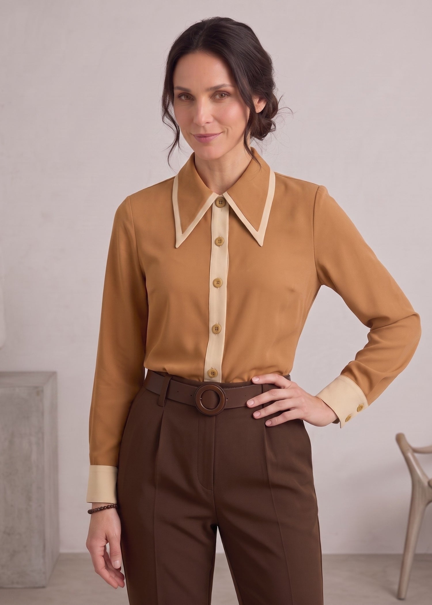 Camel Long Sleeve Collared Shirt for Women