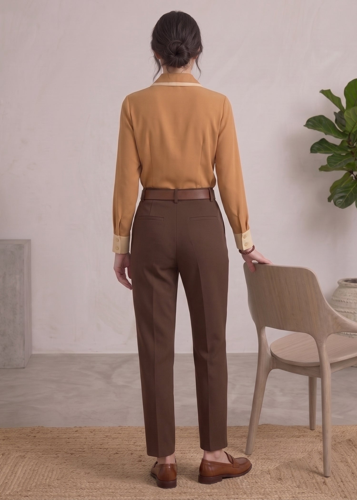 Camel Long Sleeve Collared Shirt for Women