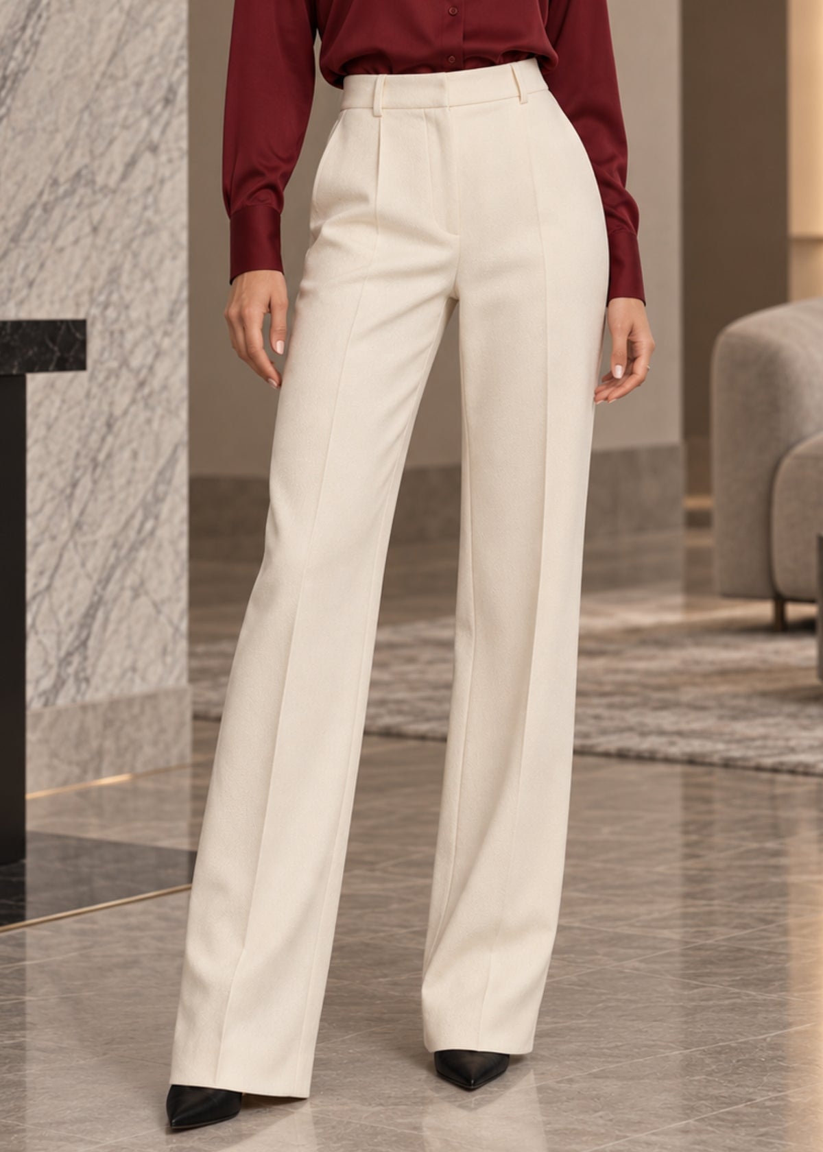 Cream High-Waisted Wide-Leg Formal Pants