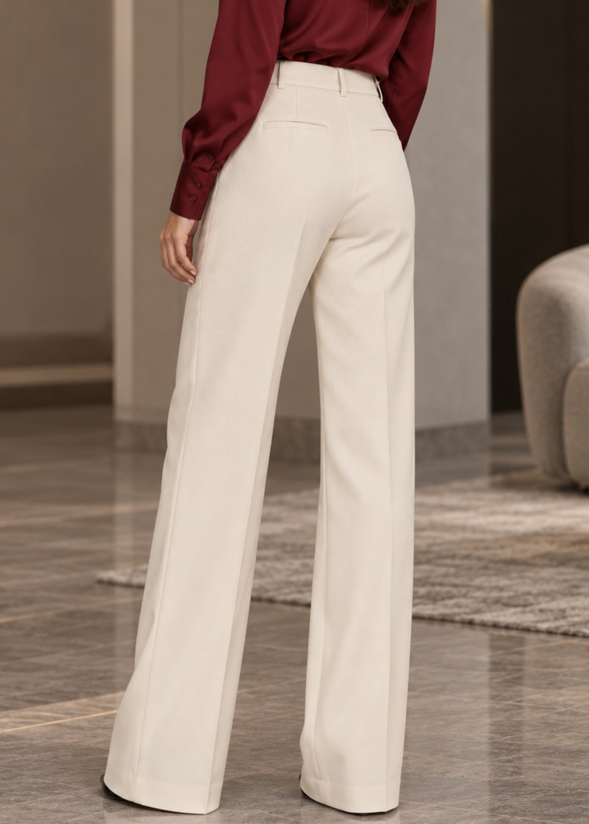 Cream High-Waisted Wide-Leg Formal Pants