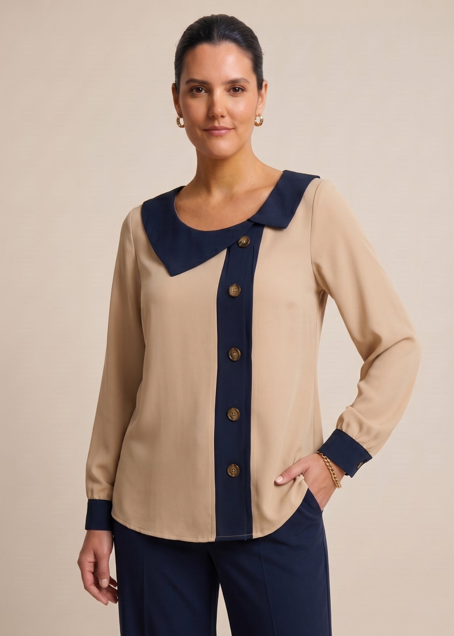 Dark Beige Sailor Collar Shirt for female