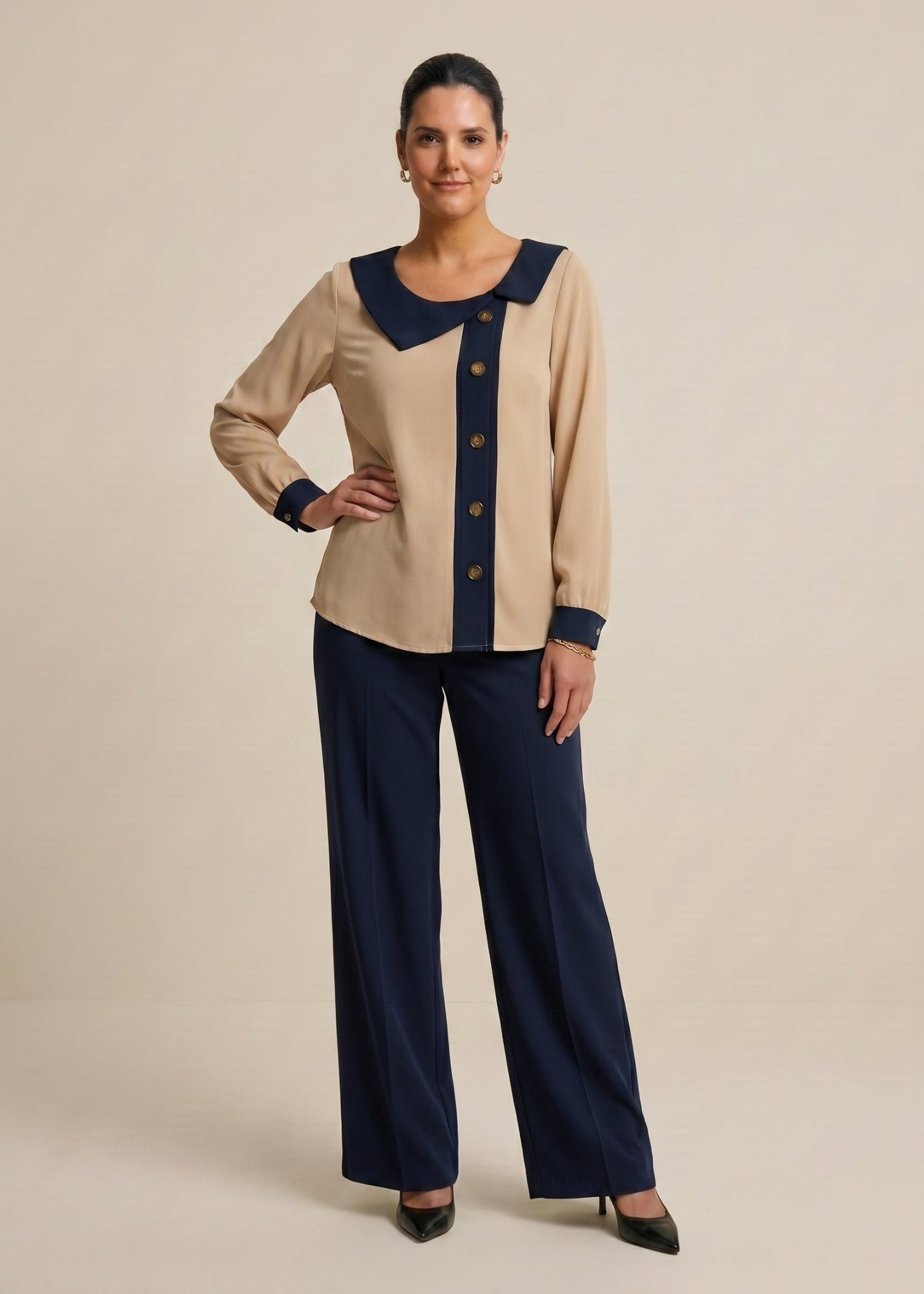 Dark Beige Sailor Collar  Shirt for women