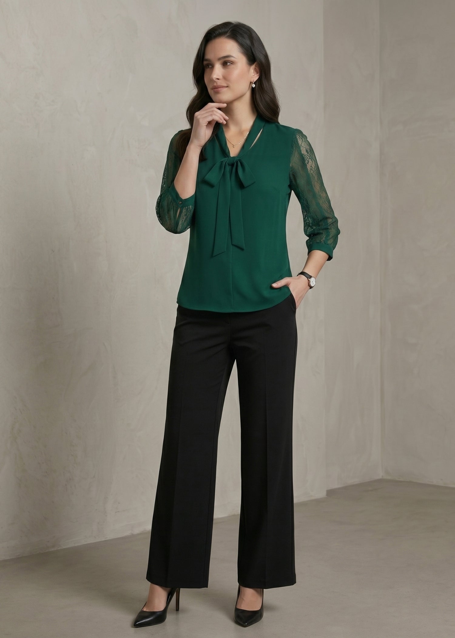 Dark Green Bow Tie Blouse 