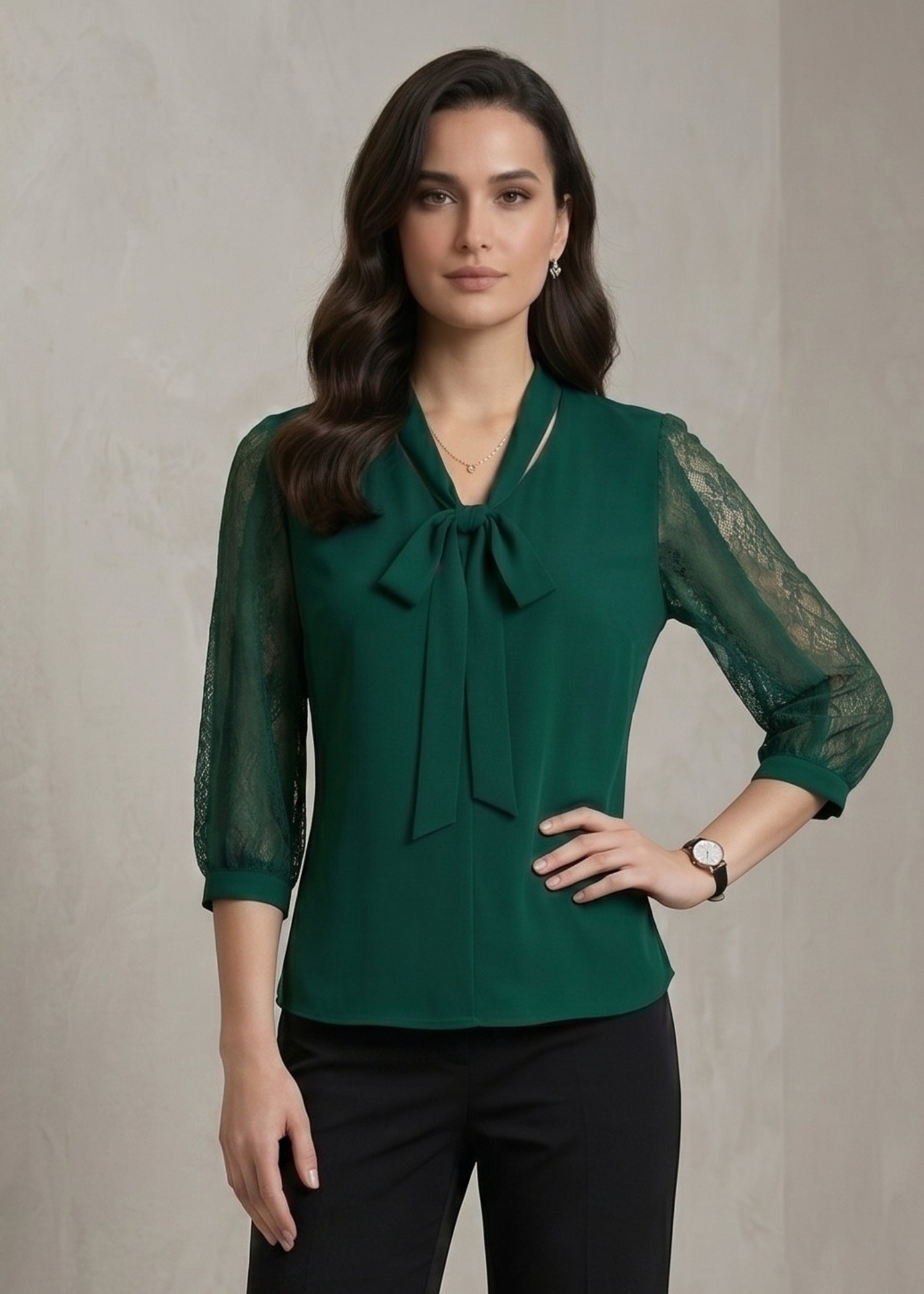 Dark Green Bow Tie Blouse for women