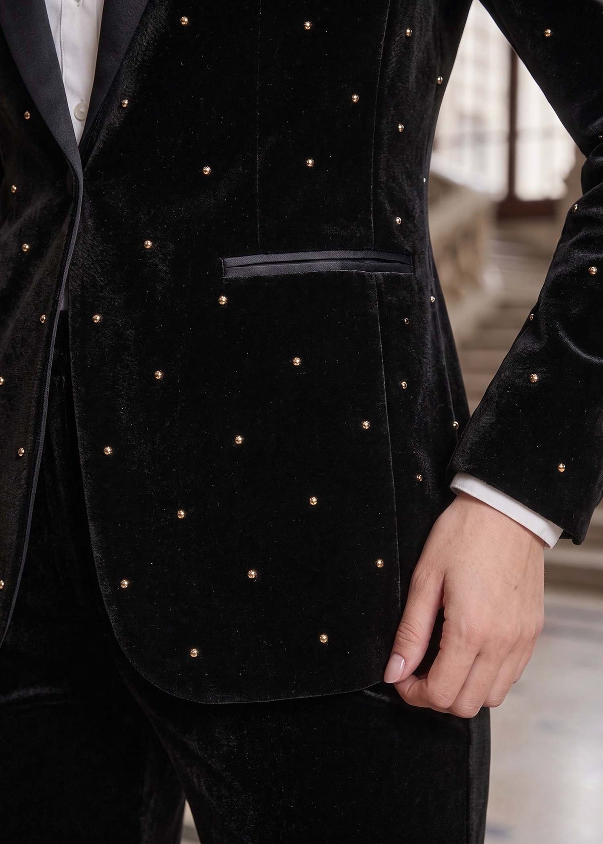 Embellished Velvet Two Piece Tuxedo in Black 