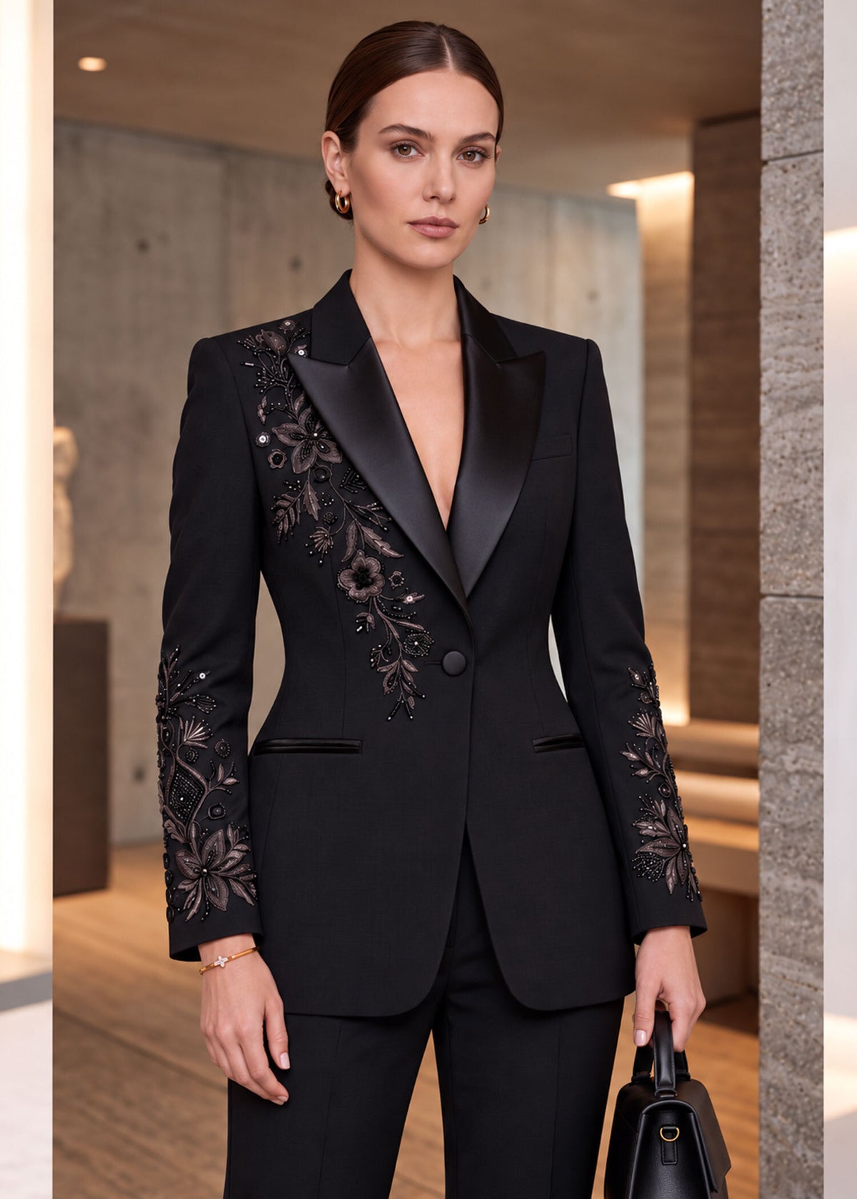 Embroidered Peak Lapel Tuxedo Suit