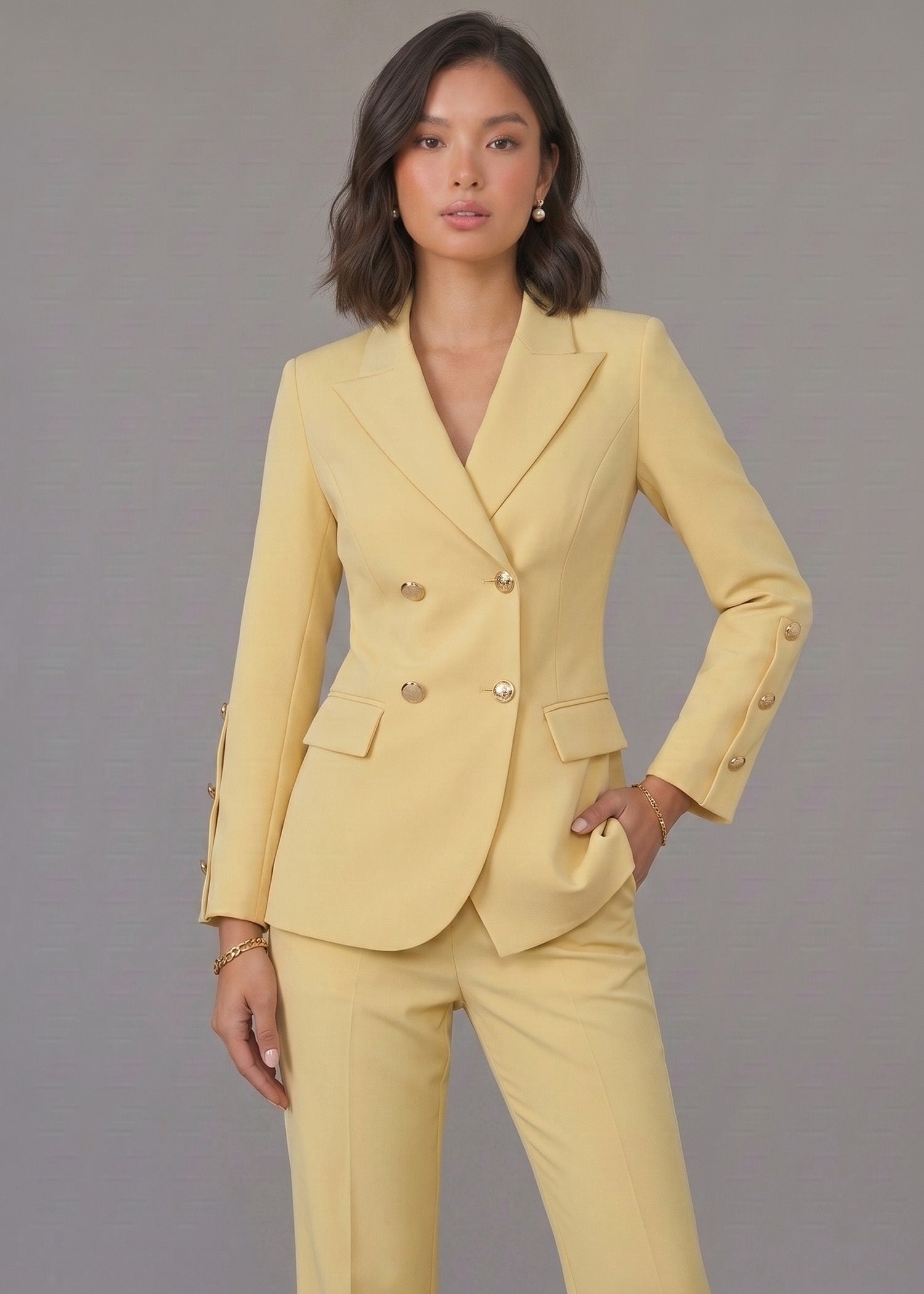 Fitted Waist Business Wear Suit in Pastel Yellow