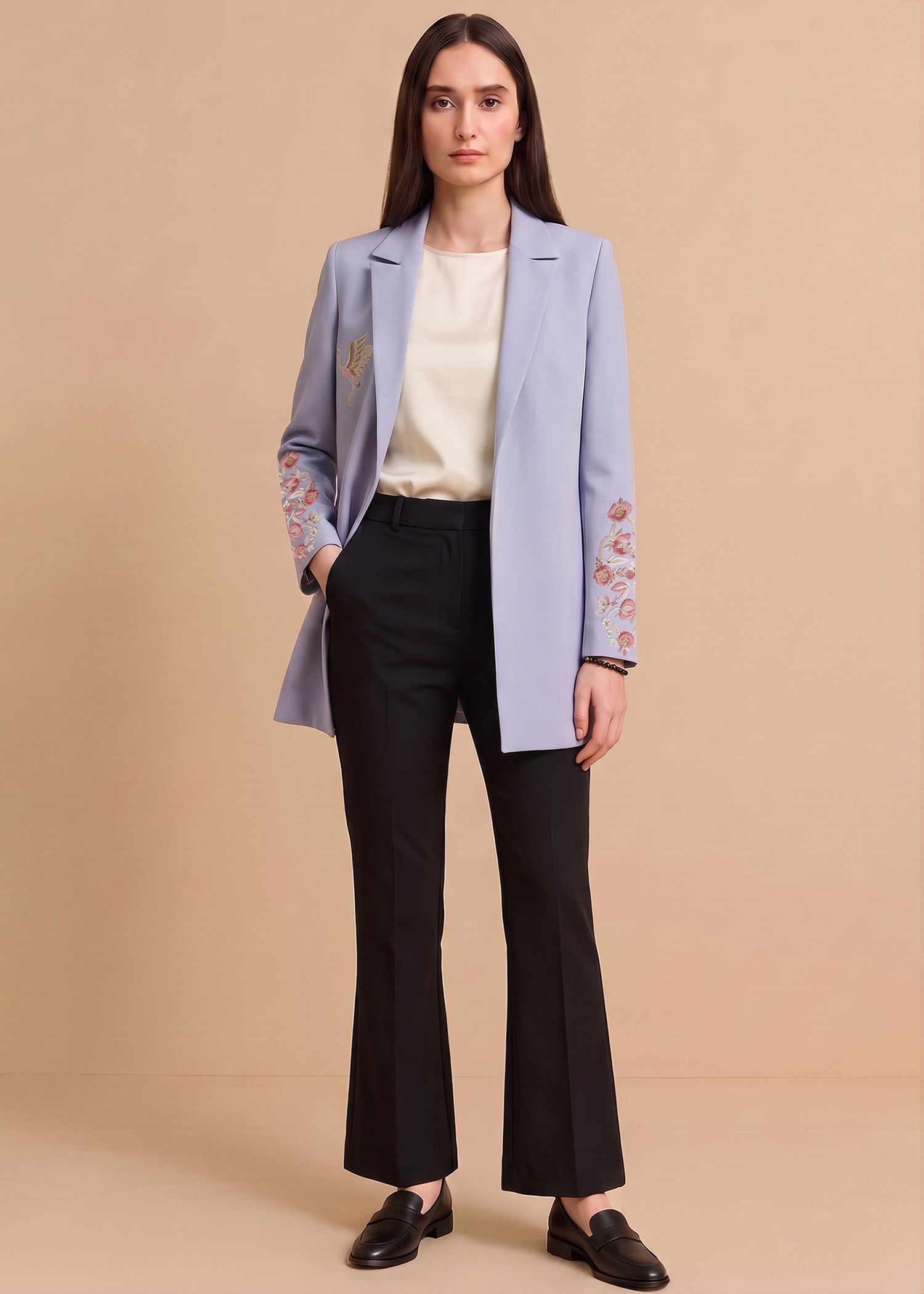 Floral Embroidered Long-Line Blazer