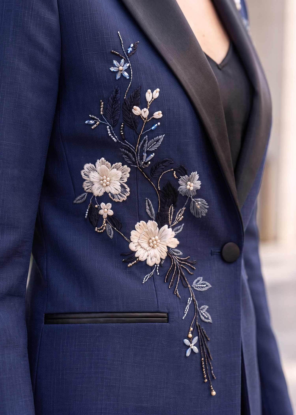 Handcrafted Thread Embroidered Tuxedo in Navy Blue