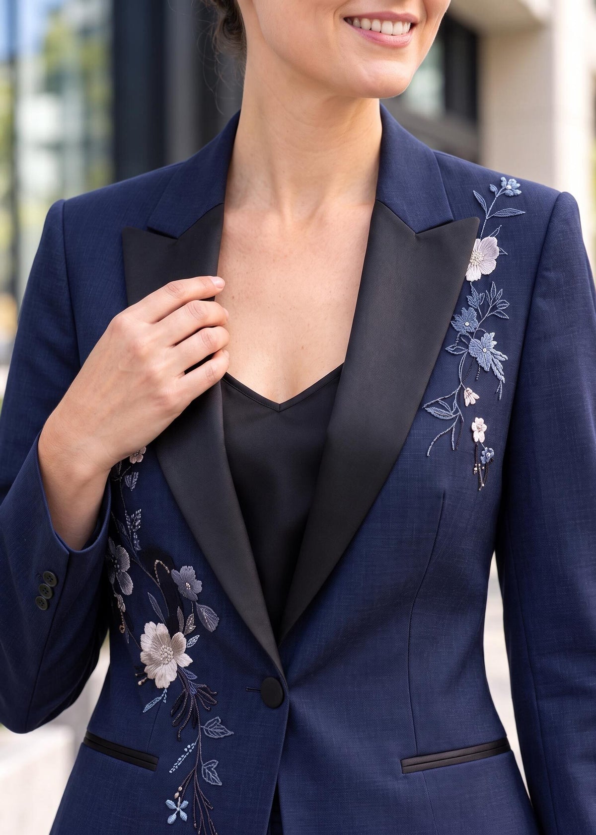 Handcrafted Thread Embroidered Tuxedo in Navy Blue
