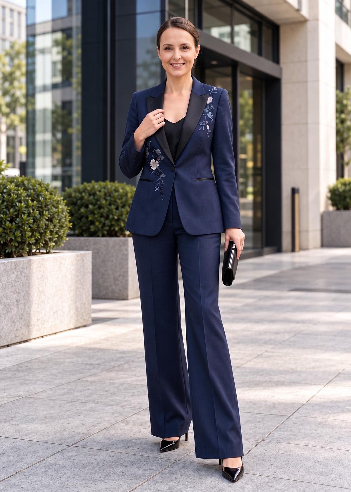 Handcrafted Thread Embroidered Tuxedo in Navy Blue
