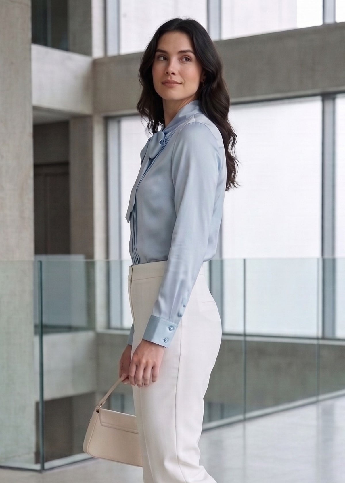 Light Blue Bow Tie Blouse & White Dress Pant Outfit