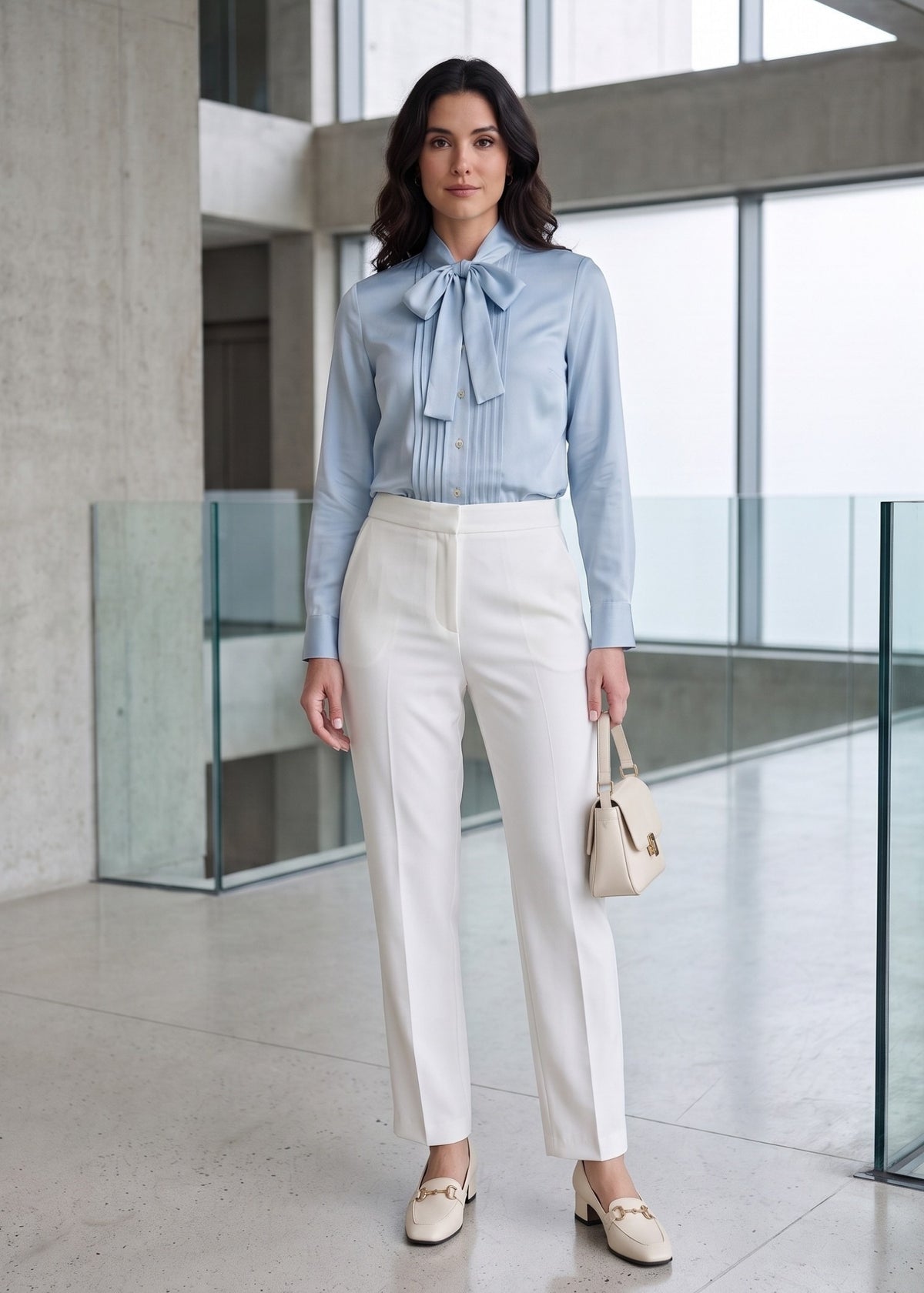 Light Blue Bow Tie Blouse & White Dress Pant Outfit