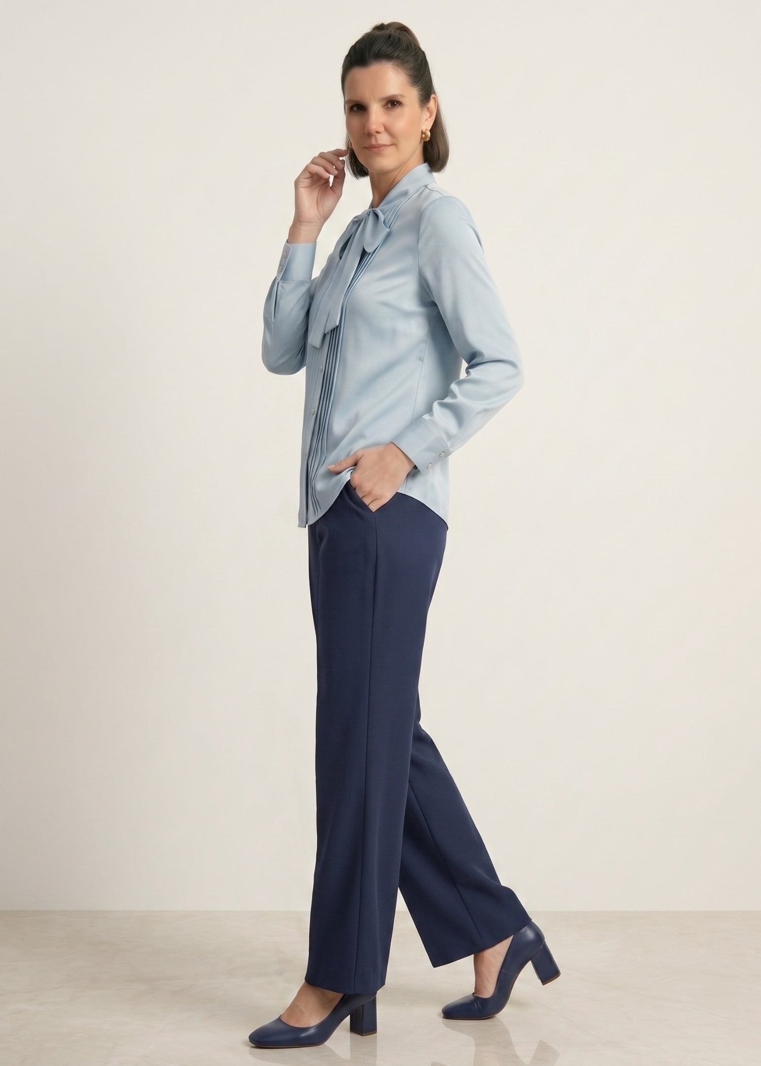 Light Blue Bow Tie Blouse for Female