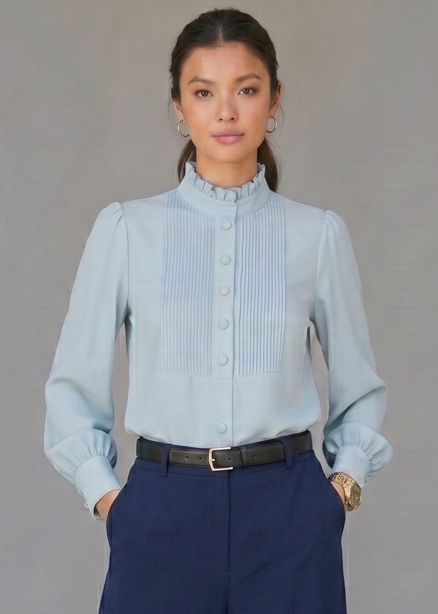 Light Blue Ruffle Neckline Blouse