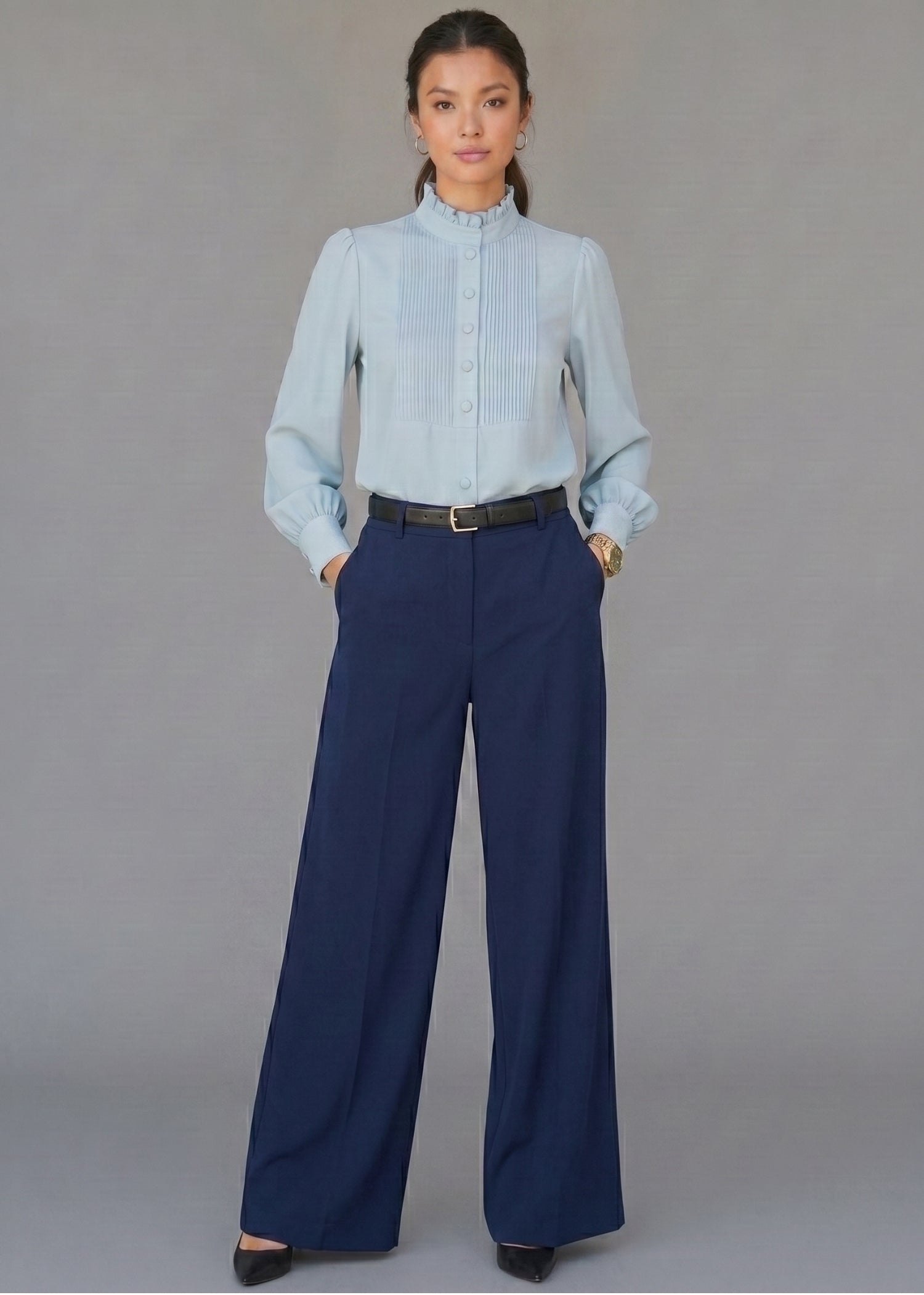 Light Blue Ruffle Neckline Blouse for Female