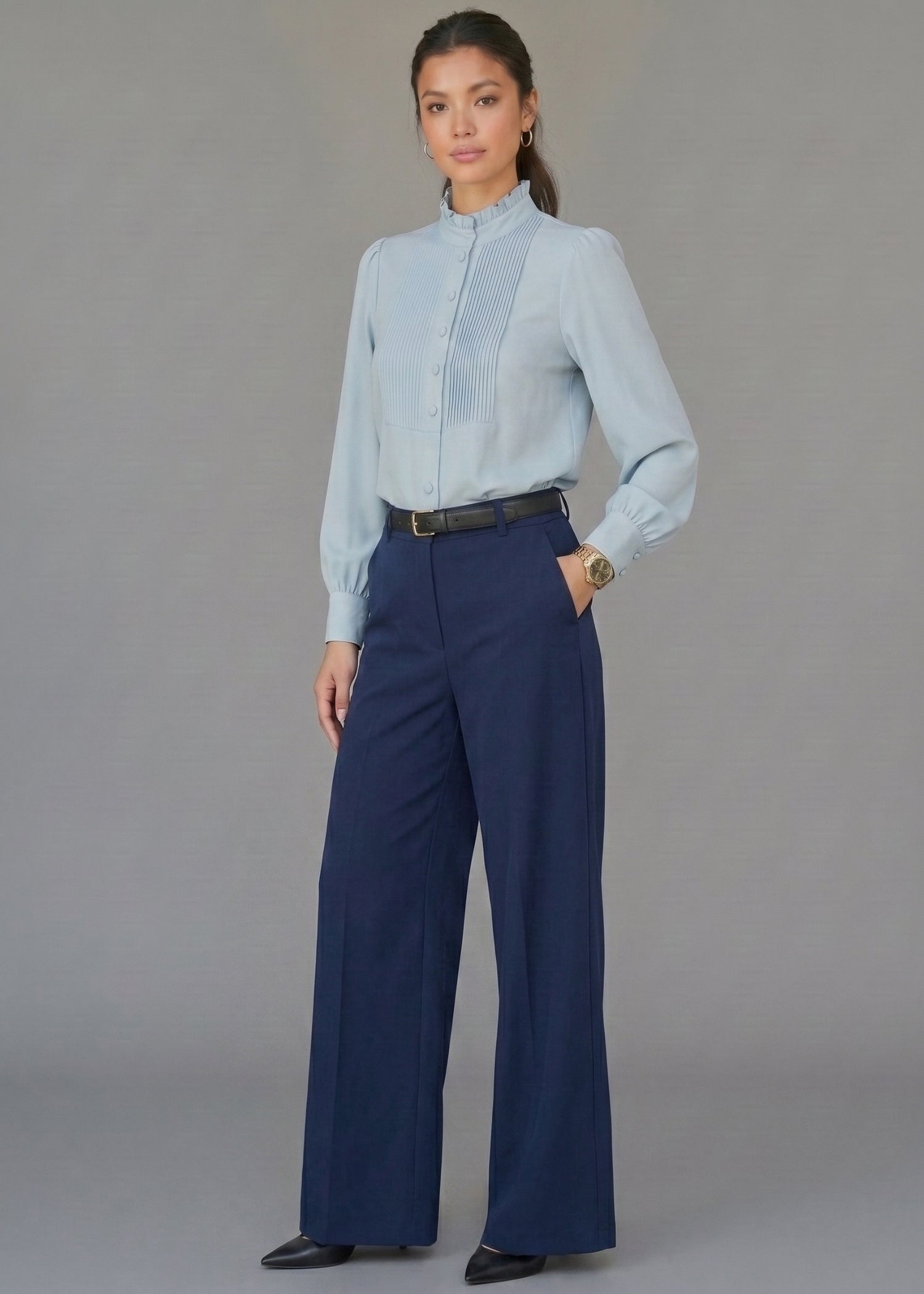 Light Blue Ruffle Neckline Blouse women