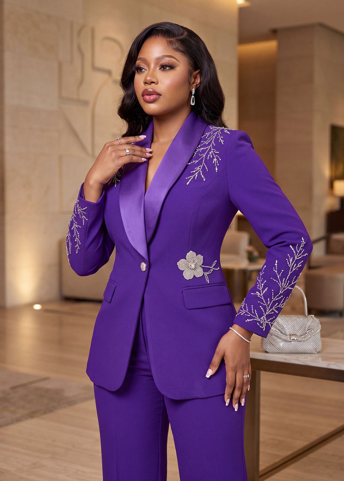 Luxury Silver Embellished Single Button Tuxedo 