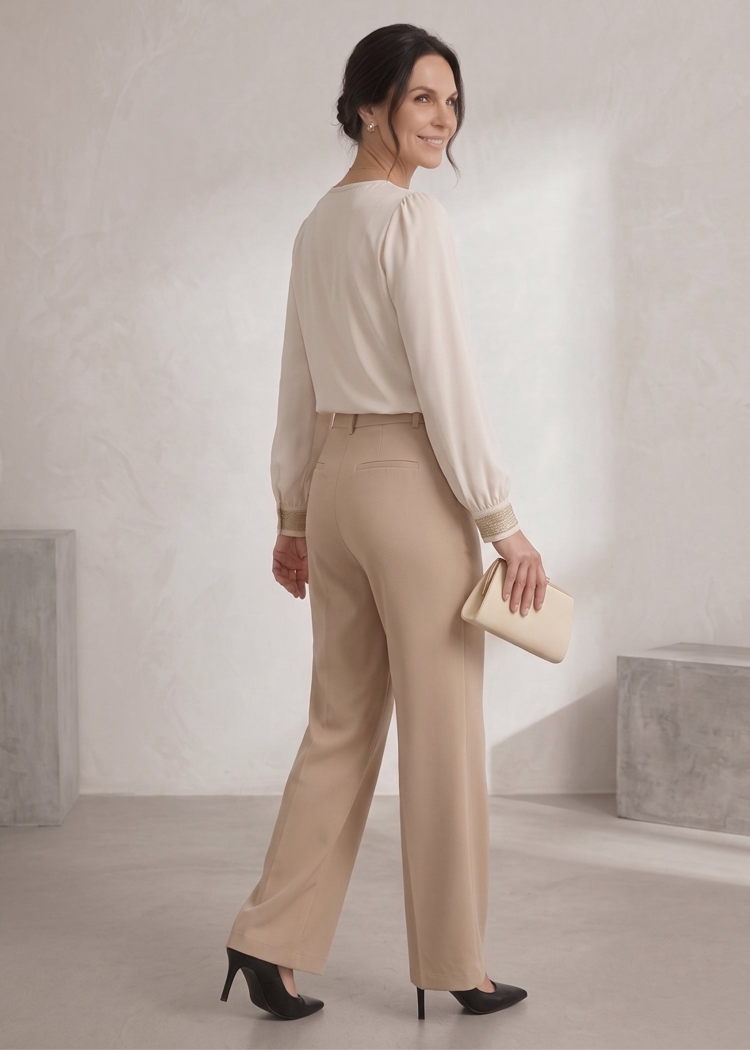 Off-White Long Sleeve V Neck Shirt with Embroidery