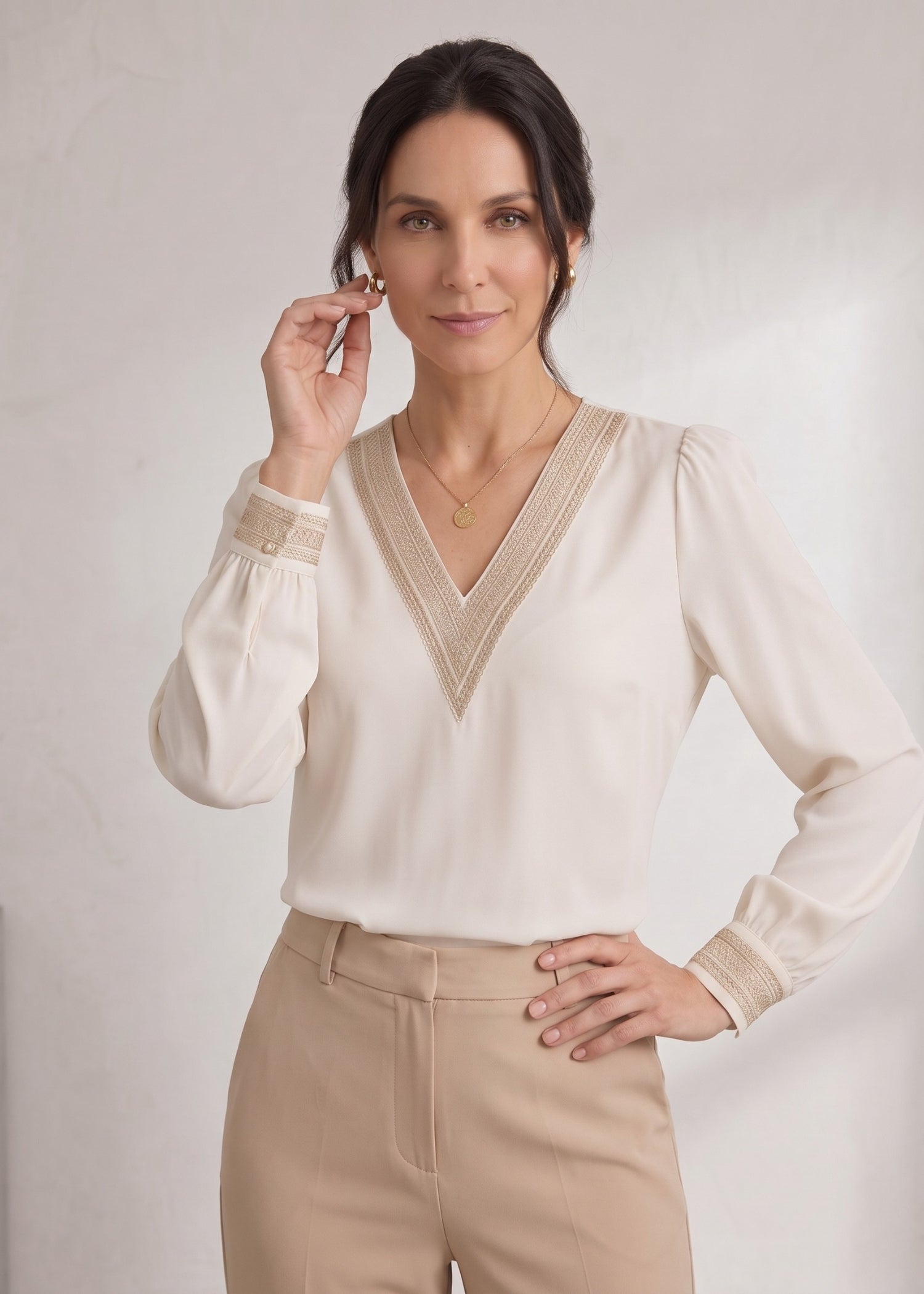 Off-White Long Sleeve V Neck Shirt with Embroidery