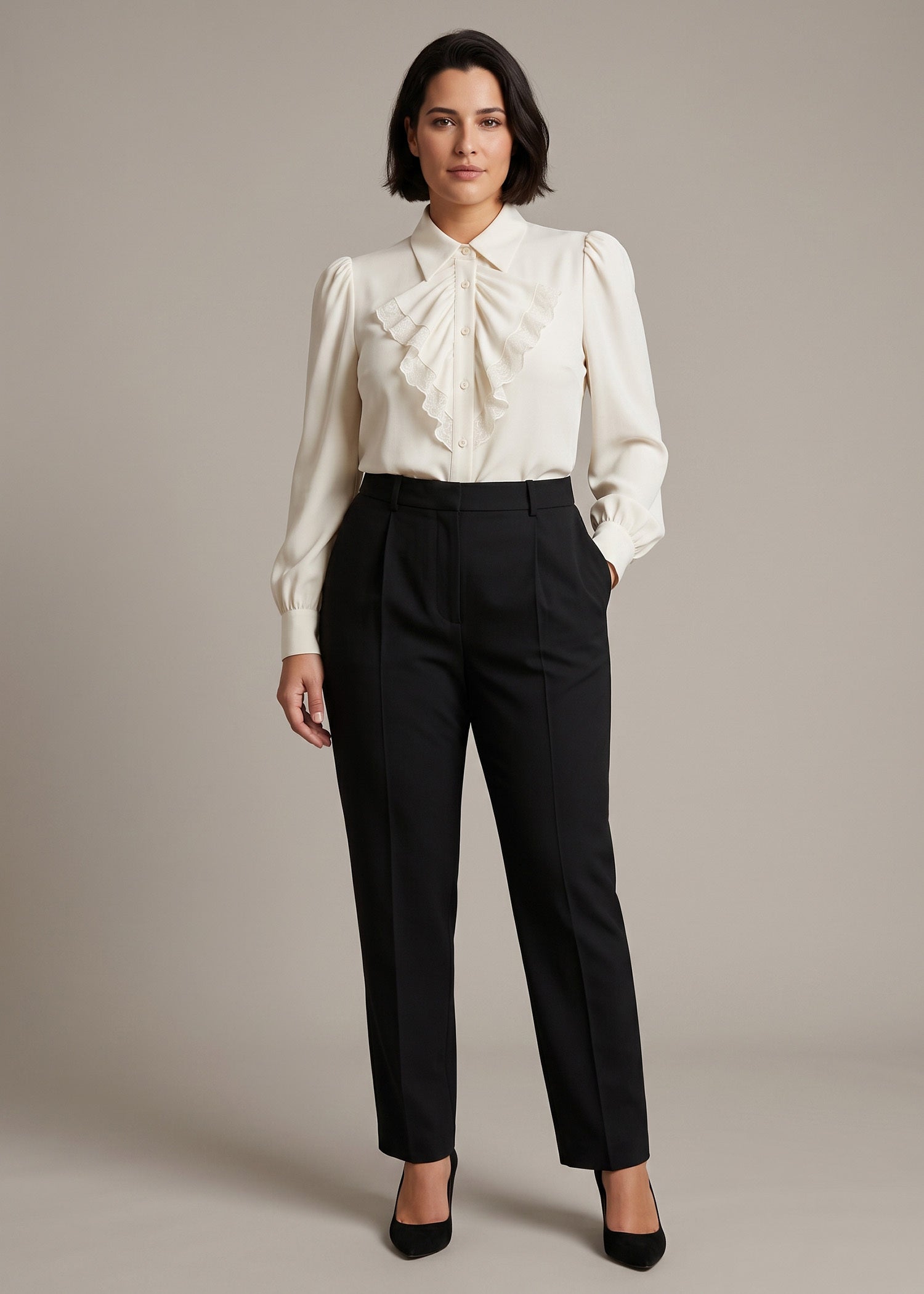 Off-White Beige Ruffle Trim Flounce Sleeve Shirt
