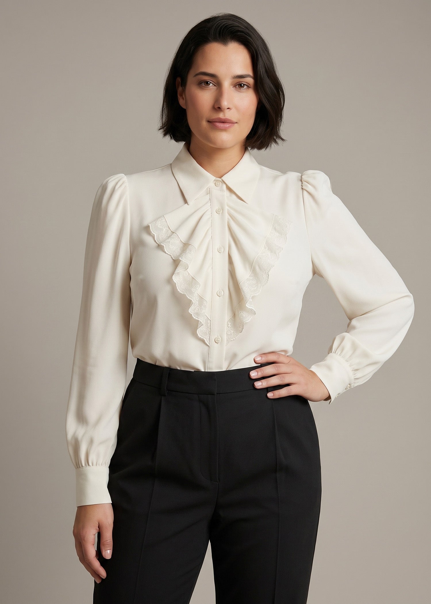 Off-White Beige Ruffle Trim Flounce Sleeve Shirt
