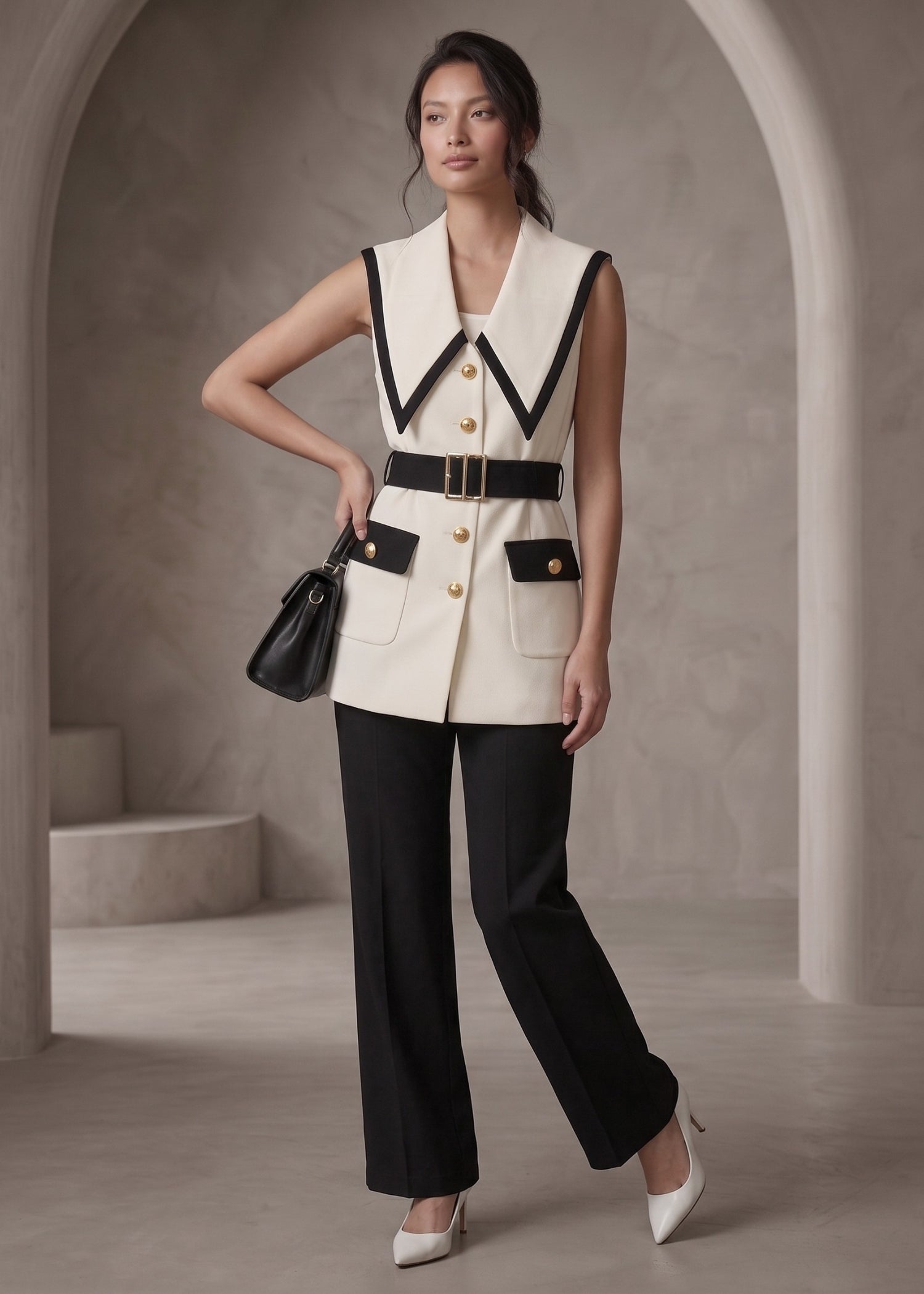 Off-white & Black Contrast Trim Jacket