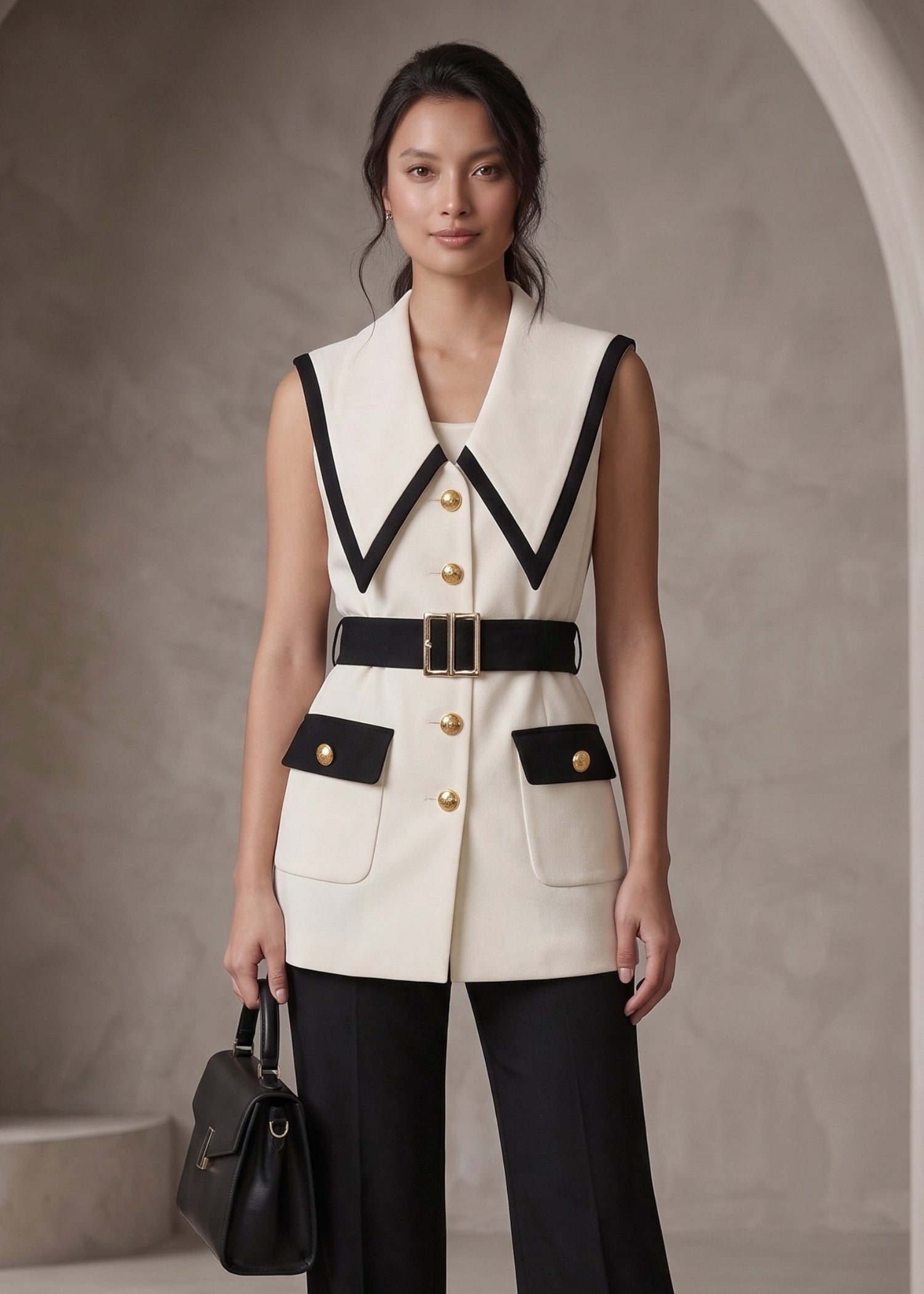 Off-white & Black Contrast Trim Jacket