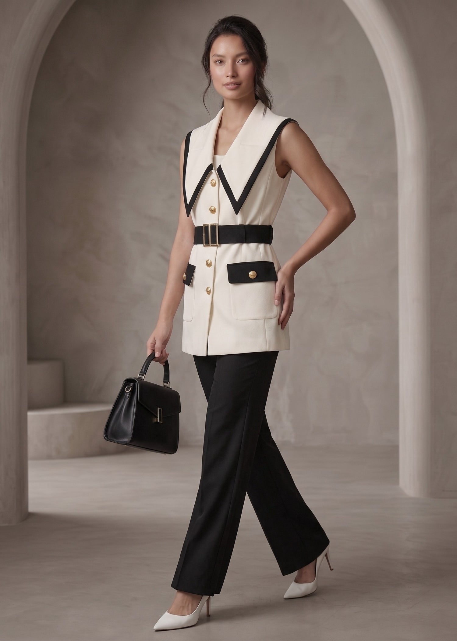 Off-white & Black Contrast Trim Jacket