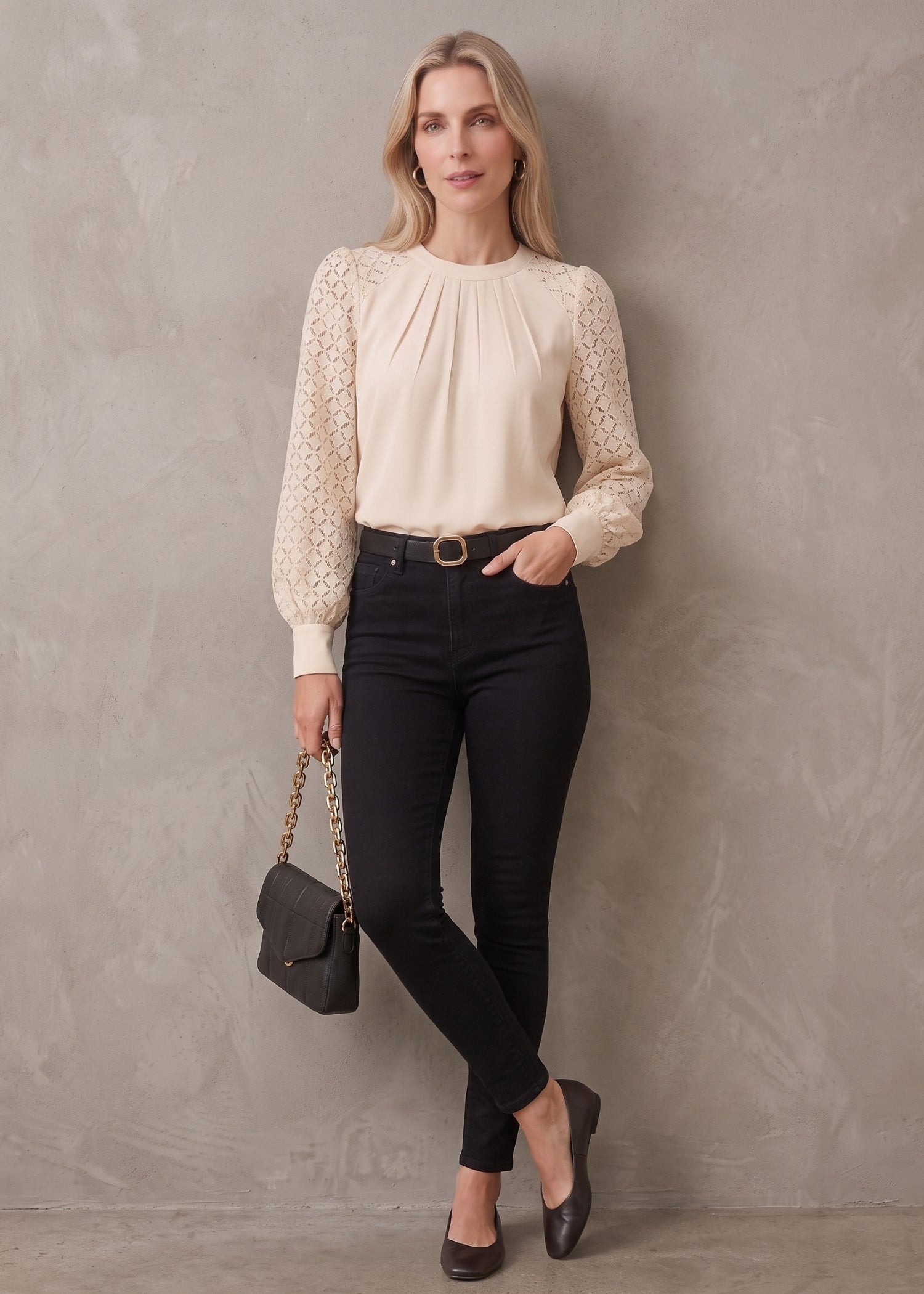 Off White Pleated Neck Top for Female