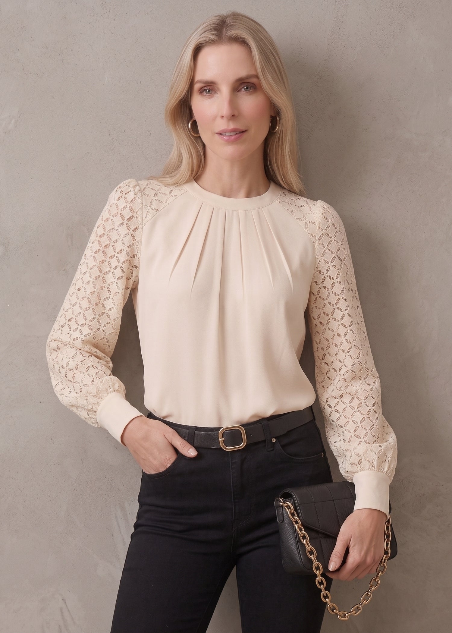 Off White Pleated Neck Top for Female